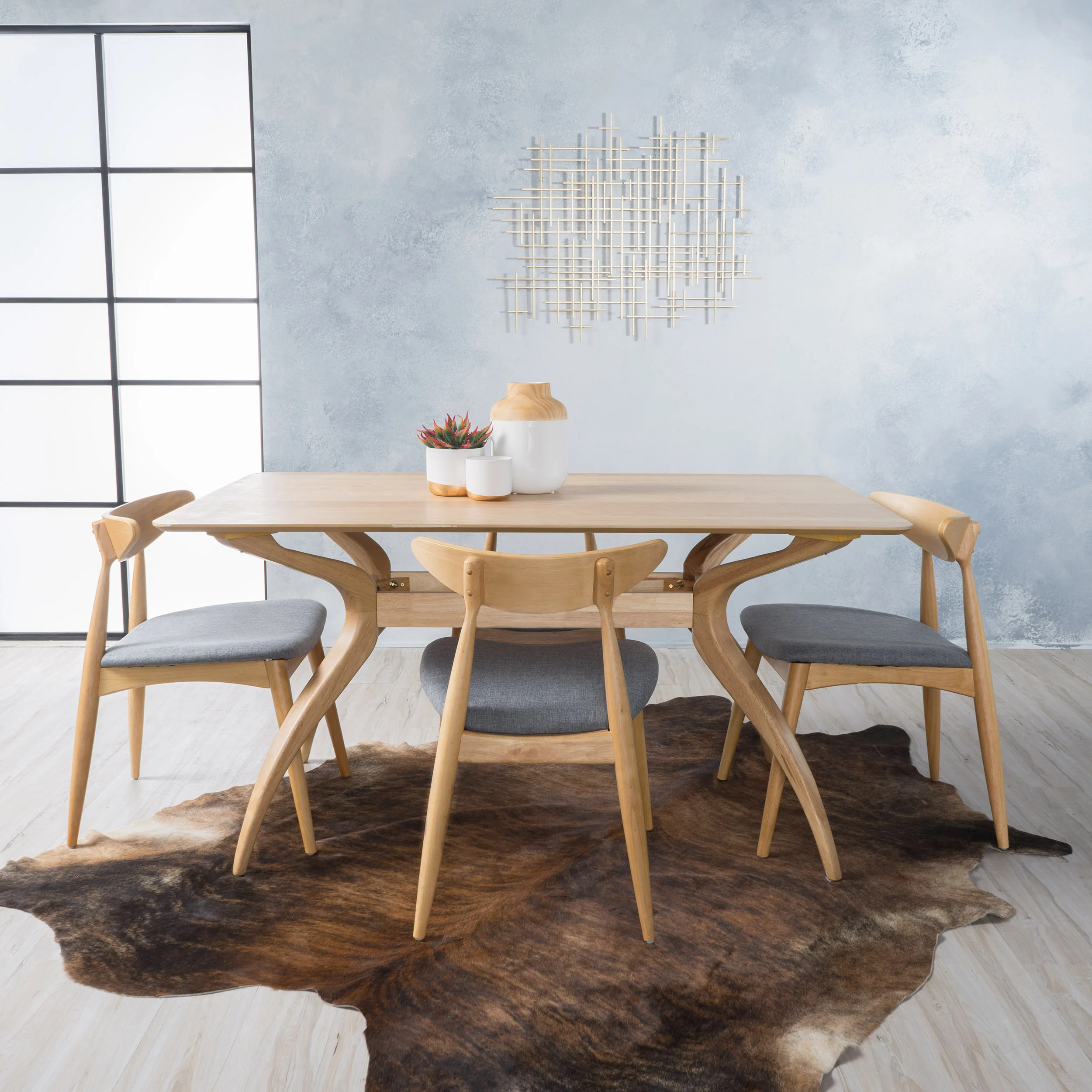 Issaic Mid-Century Modern 5-Piece Fabric Upholstered Dining Set w/ Wood Frame - furnishings