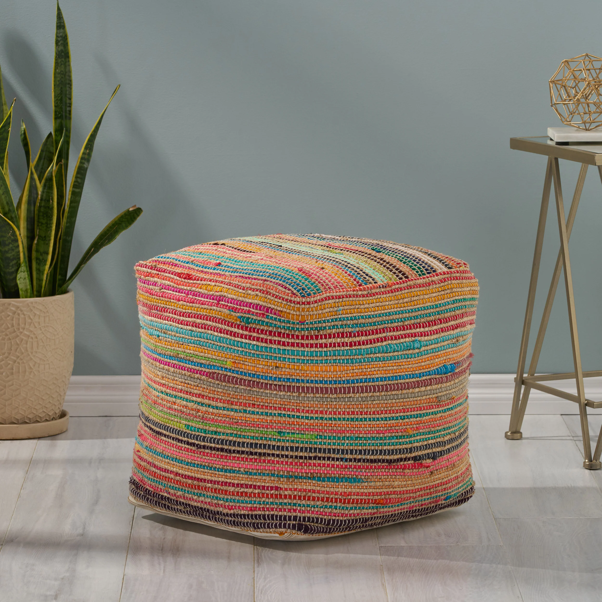 Kenta Boho Jute and Chindi Pouf - furnishings