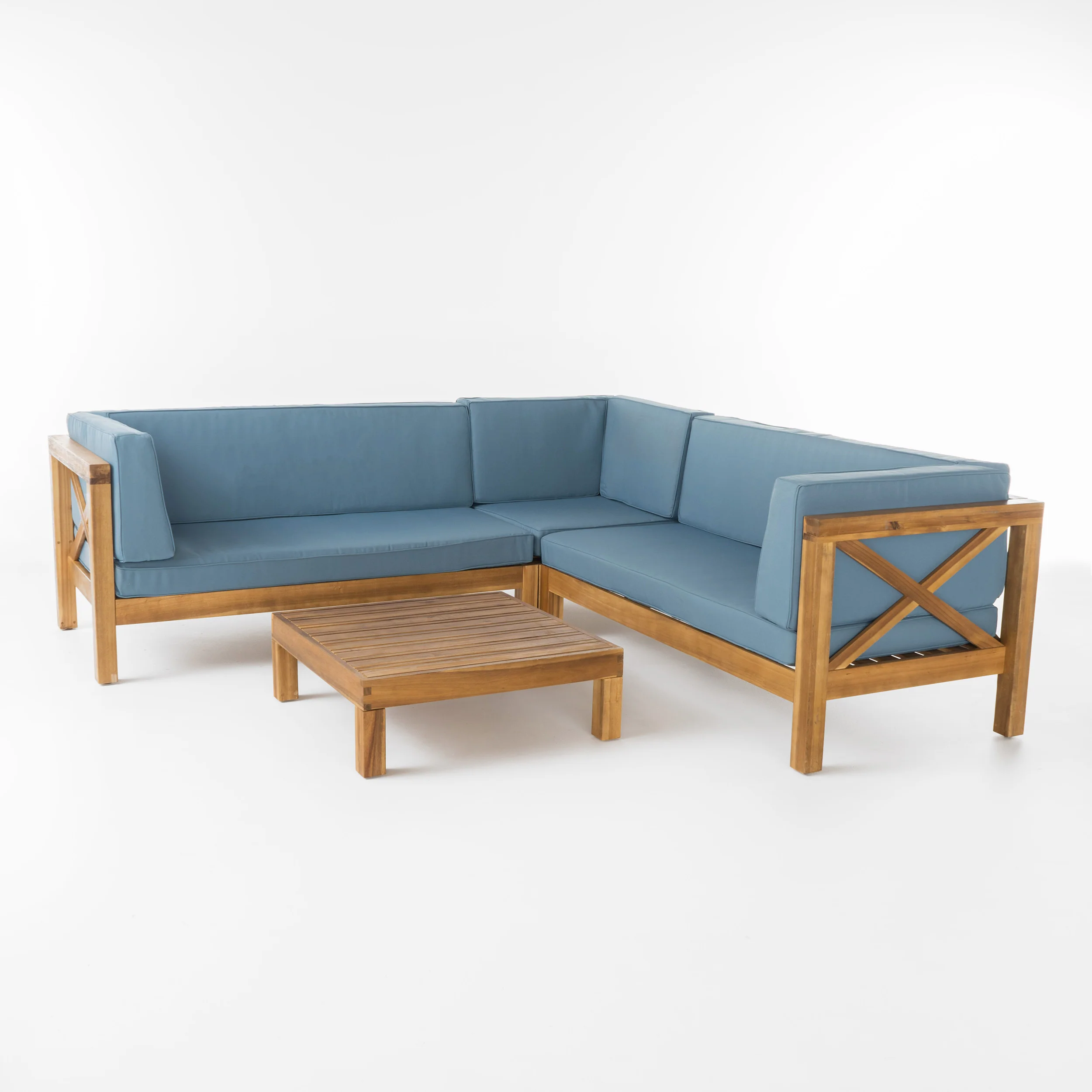 Brava Outdoor 4 Piece V-Shaped Acacia Wood Sectional Sofa and Coffee Table Set - furnishings
