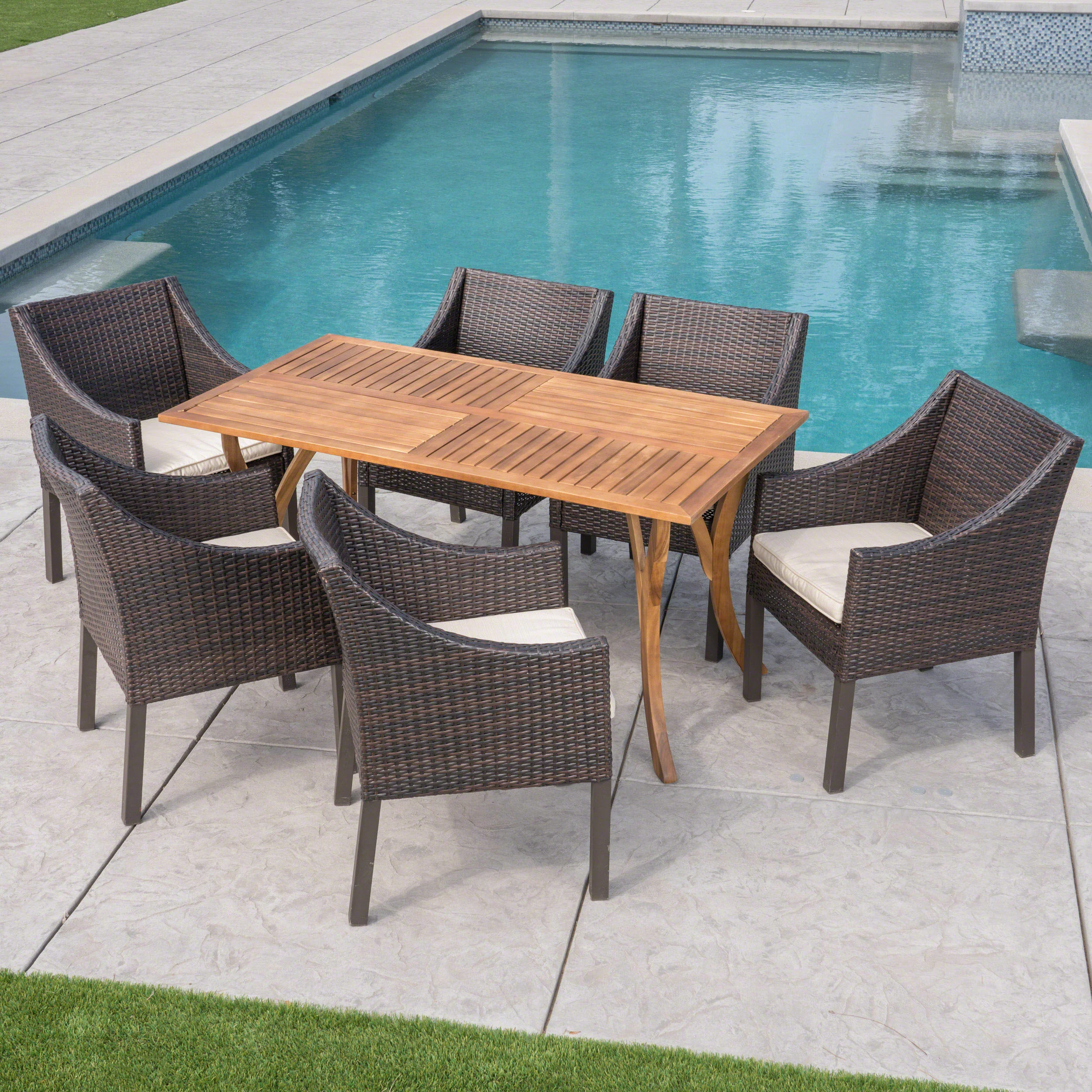 Abel Outdoor 7 Piece Acacia Wood/ Wicker Dining Set with Cushions, Teak Finish and Multibrown with Beige - furnishings