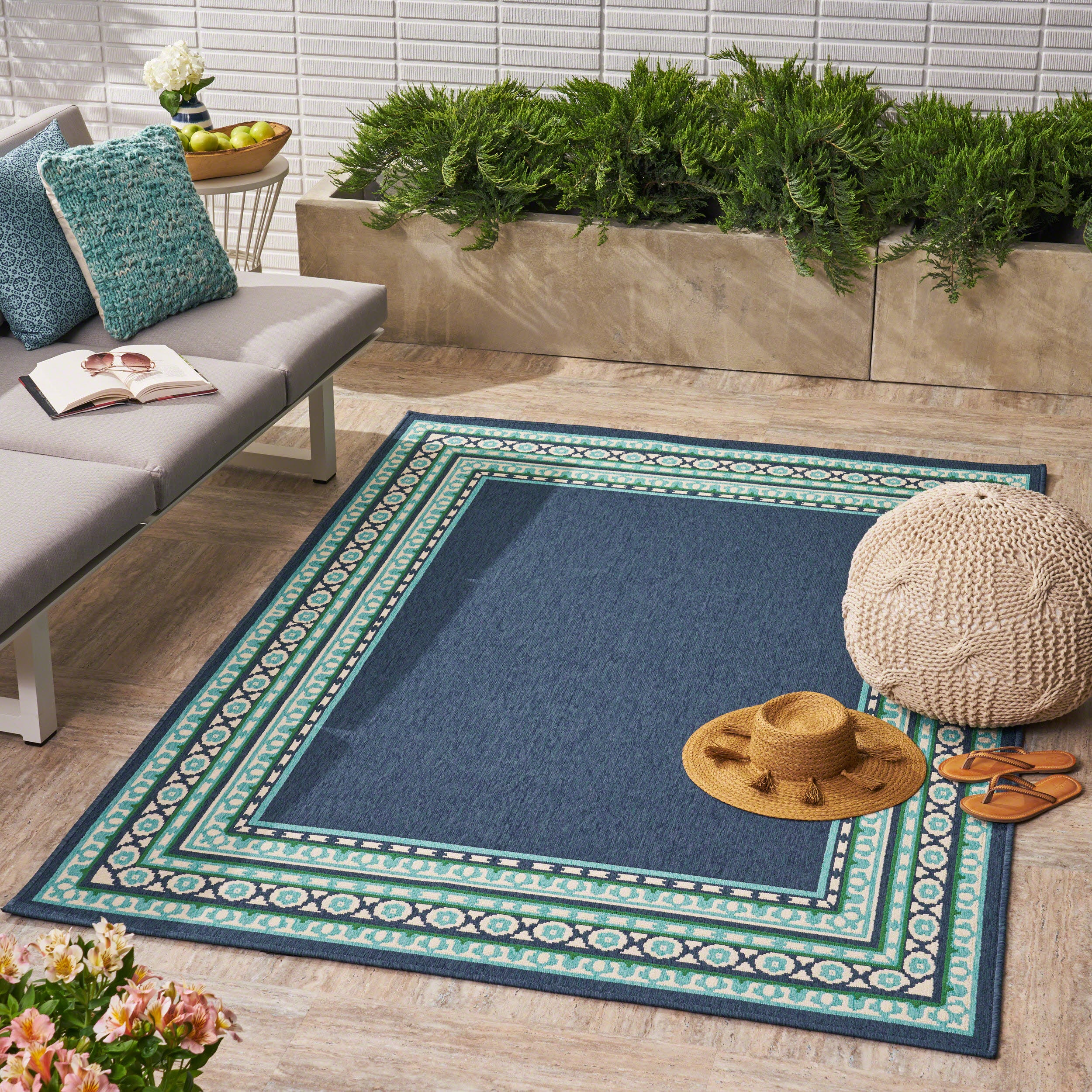 Reid Indoor/Outdoor Border Area Rug, Navy and Green - furnishings