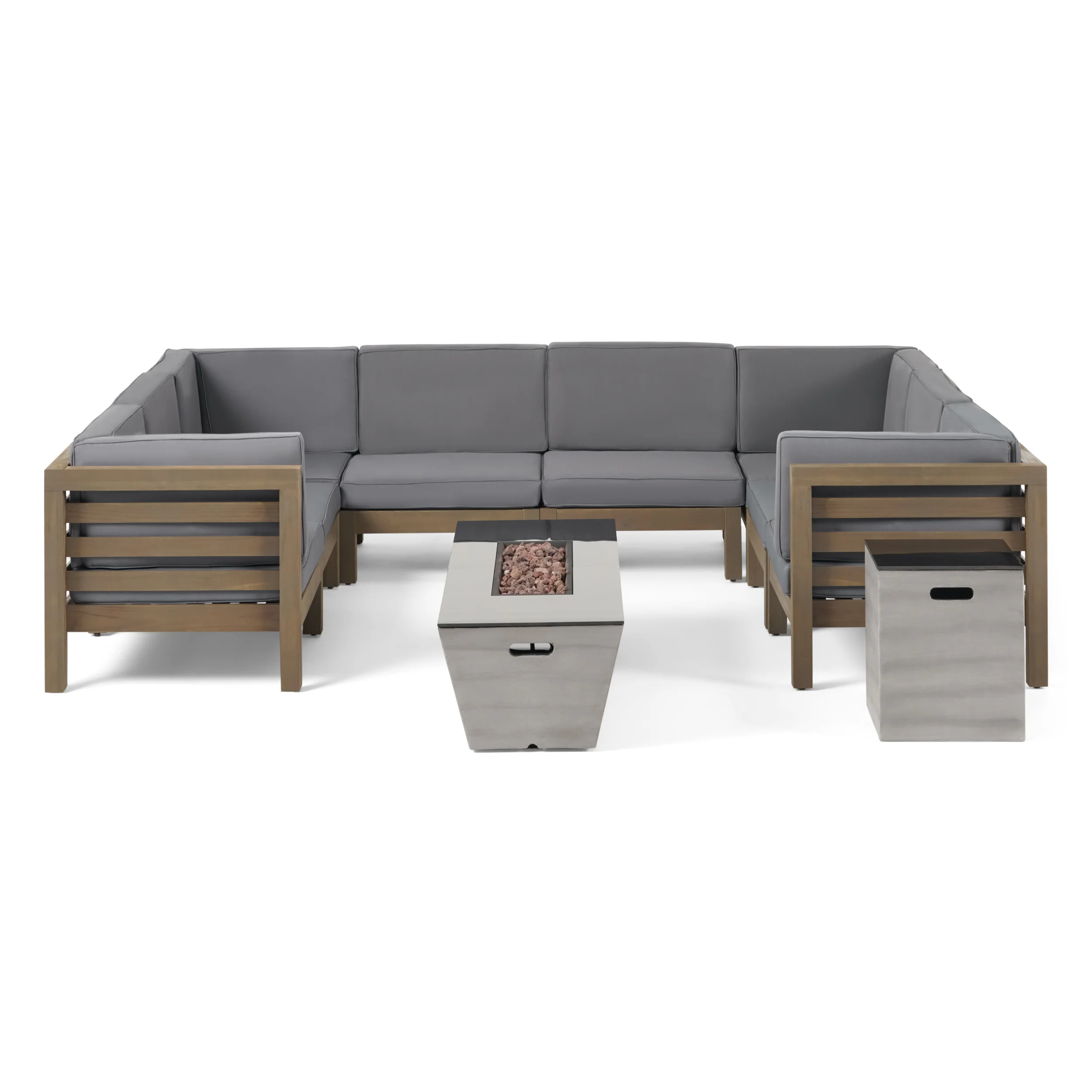 Kendry Outdoor Modern 8 Seater Acacia Wood Sectional Sofa Set with Fire Pit and Tank Holder - furnishings