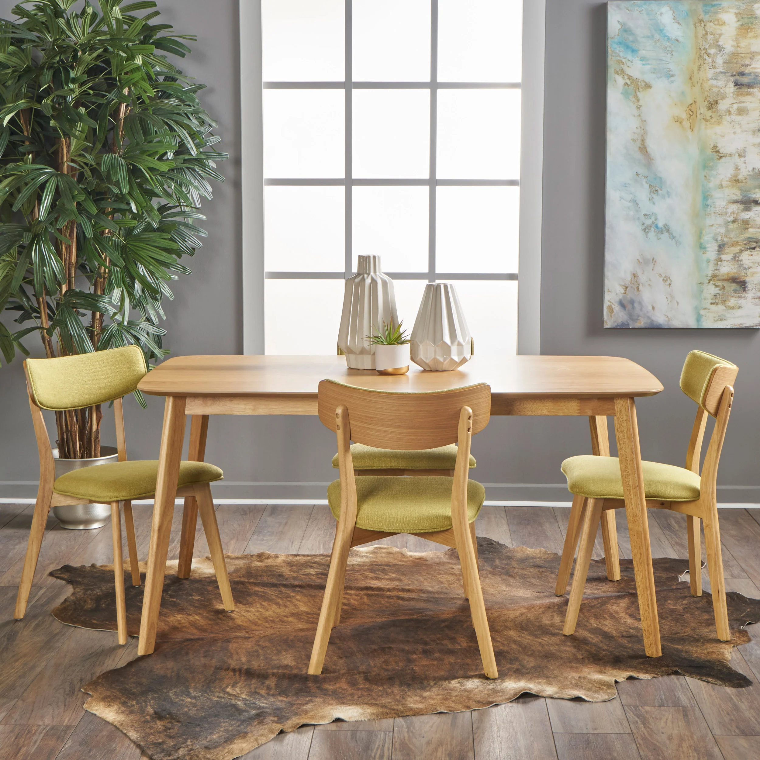 Aman Mid Century Finished 5 Piece Wood Dining Set with Fabric Chairs - furnishings