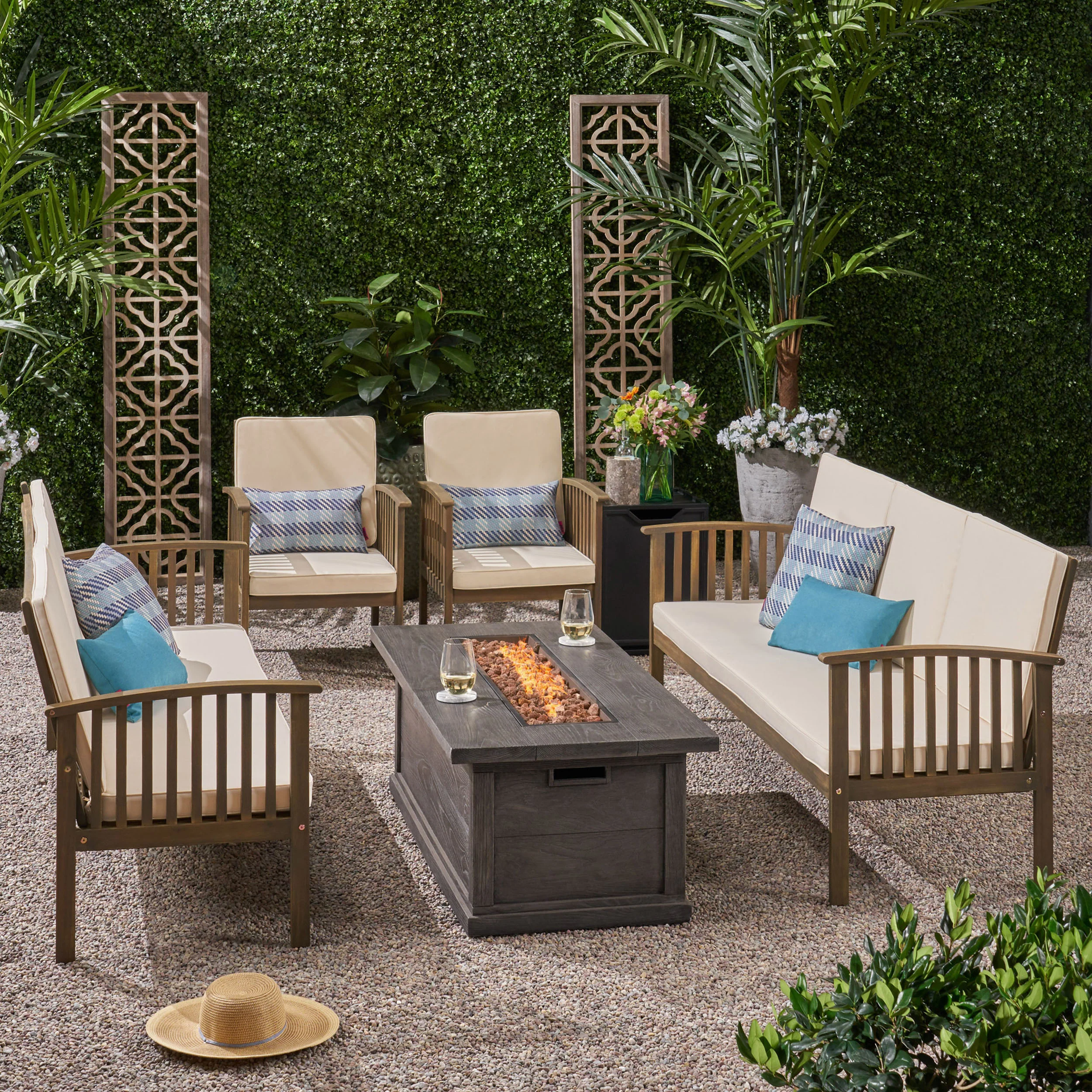 Karen Outdoor 6 Piece Acacia Wood Sofa Conversational Set with Fire Pit - furnishings