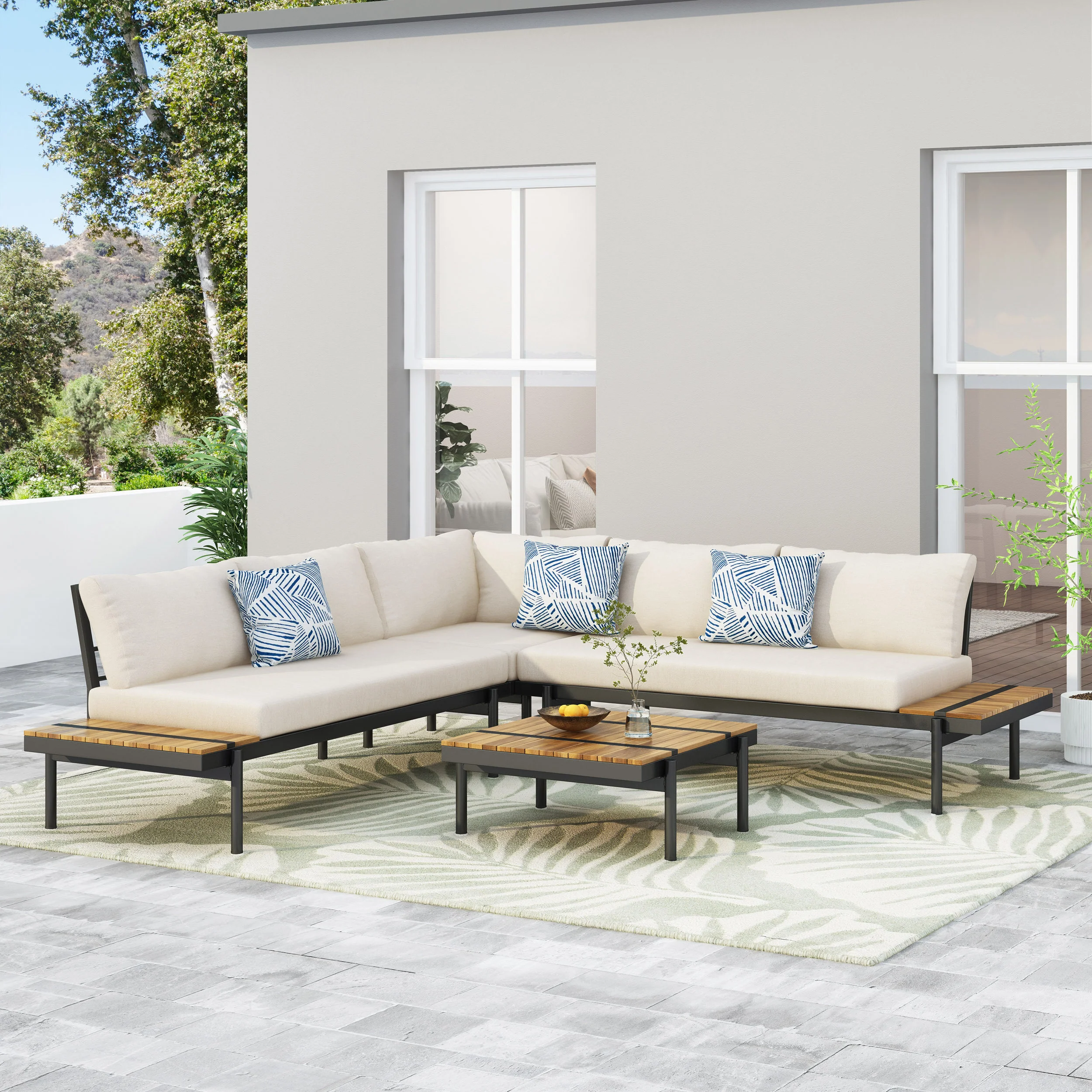 Cody Outdoor Acacia Wood 5 Seater Sectional Sofa Set with Water Resistant Cushions, Teak, Black, and Cream - furnishings