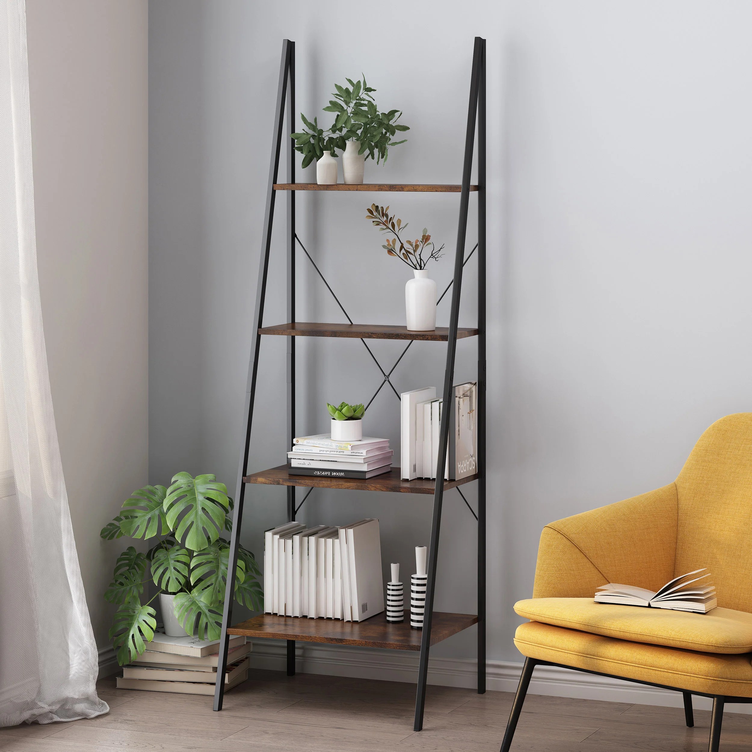 Wolfe Modern Industrial 4 Shelf Etagere Ladder Bookcase - furnishings