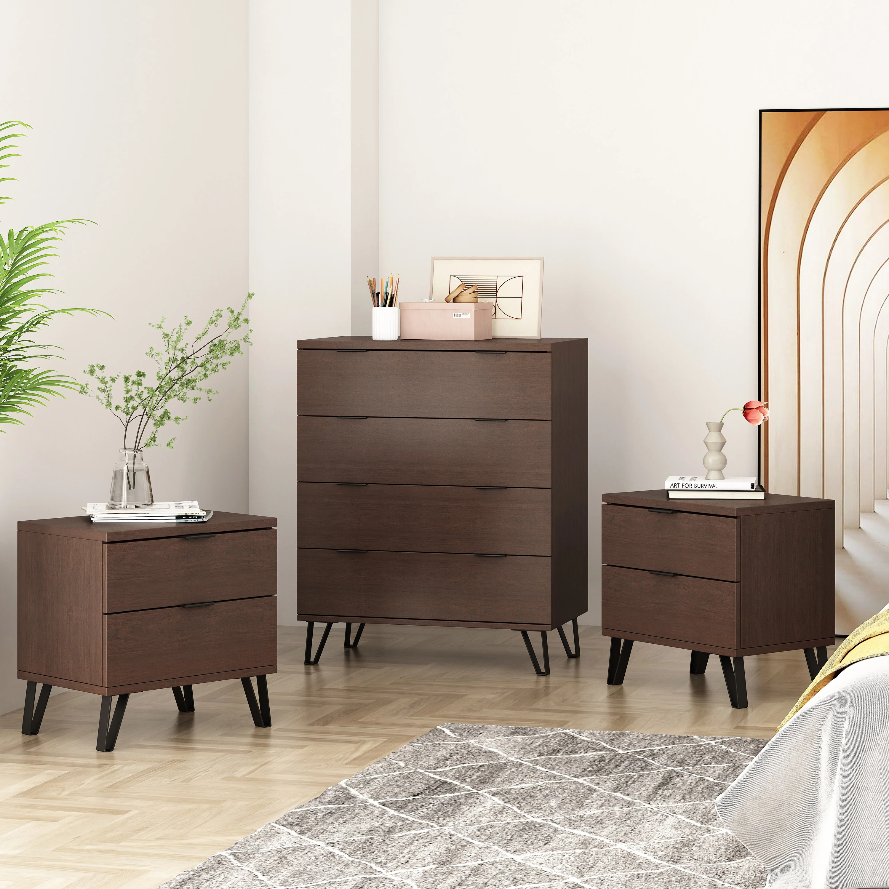 Demijen Modern Industrial 3 Piece 4 Drawer Dresser and Nightstand Bedroom Set, Walnut and Matte Black - furnishings