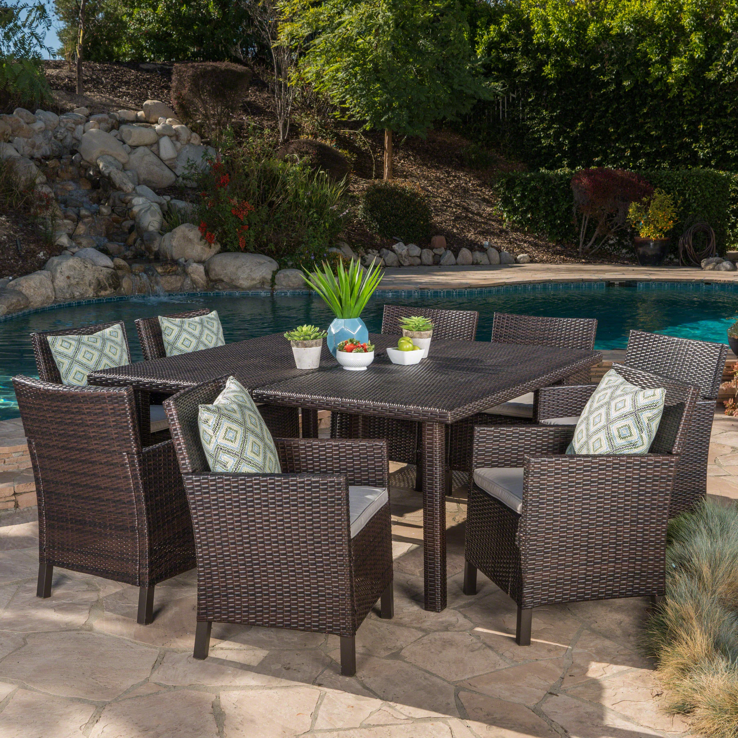 Winford Outdoor 9 Piece Wicker Dining Set with Water Resistant Cushions - furnishings