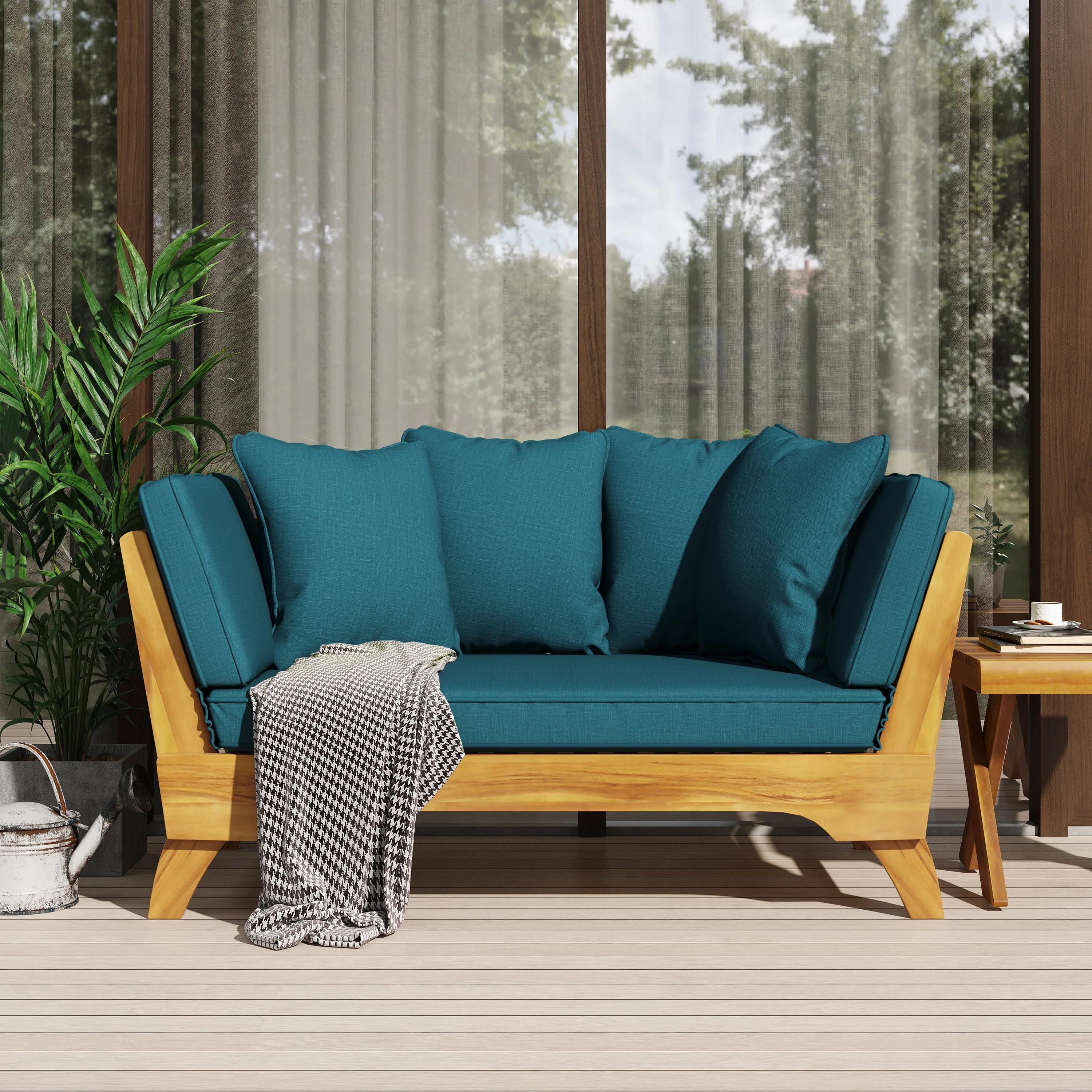 Oceanna Outdoor Acacia Wood and Rope Expandable Daybed with Cushions - furnishings