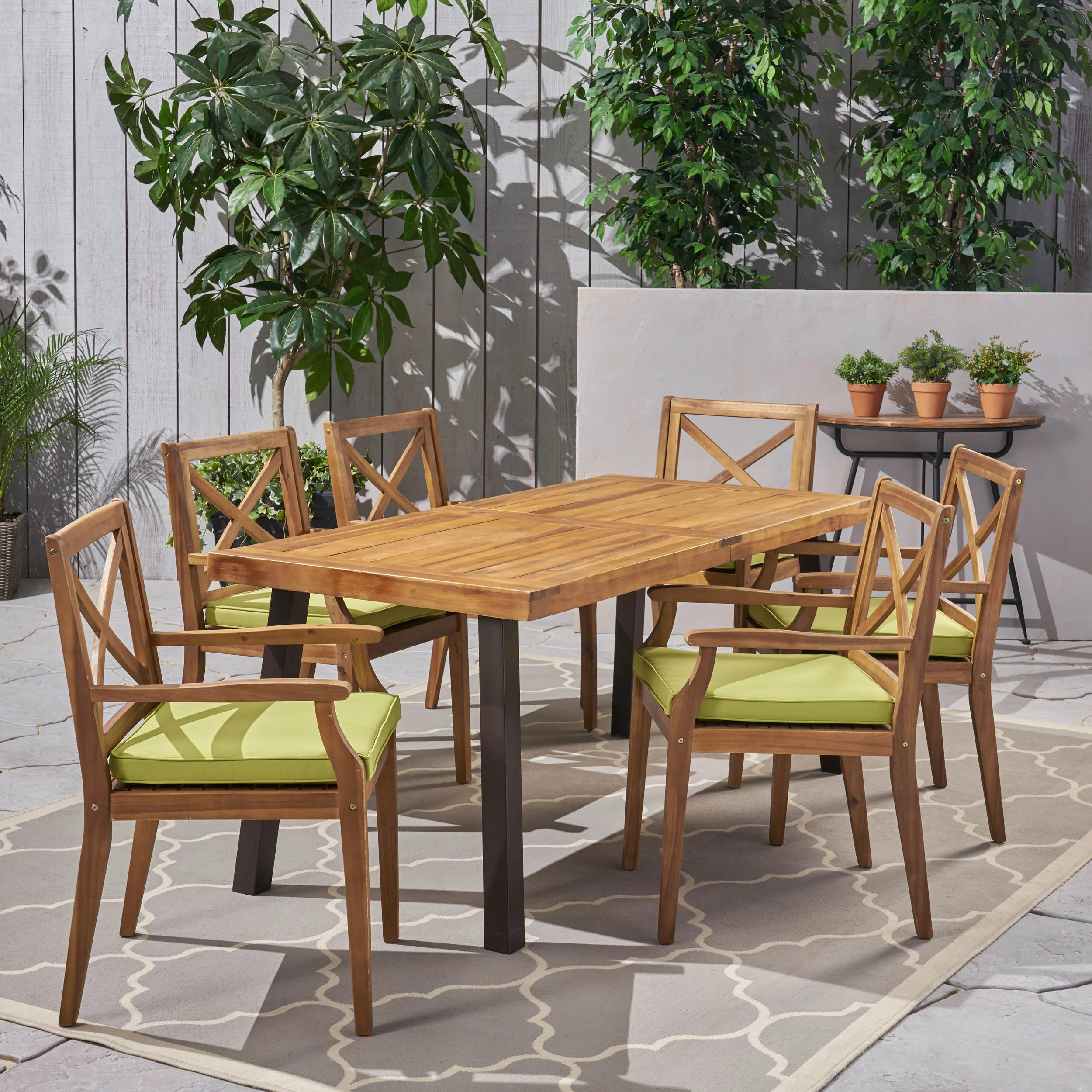 Nolan Outdoor 7-Piece Acacia Wood and Iron Dining Set - furnishings