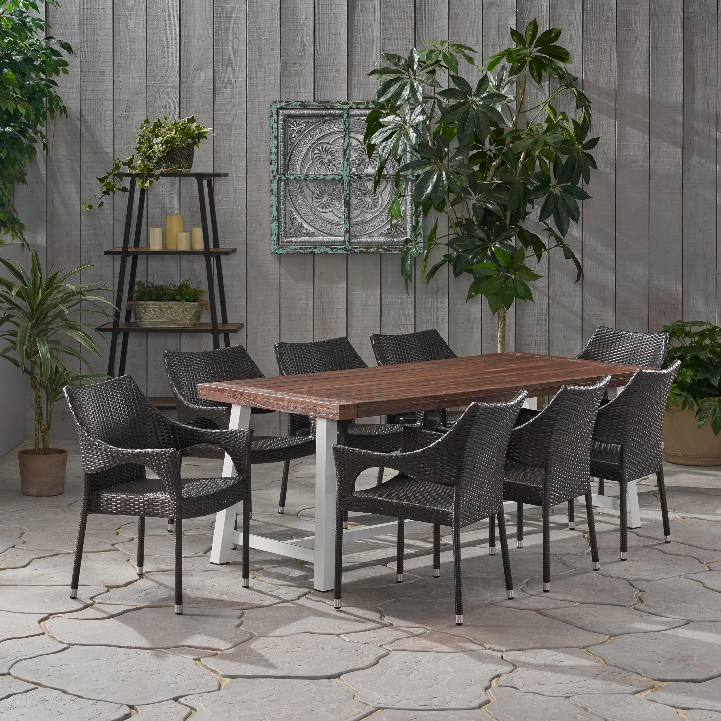 Emmalynn Outdoor Wood and Wicker 8 Seater Dining Set - furnishings