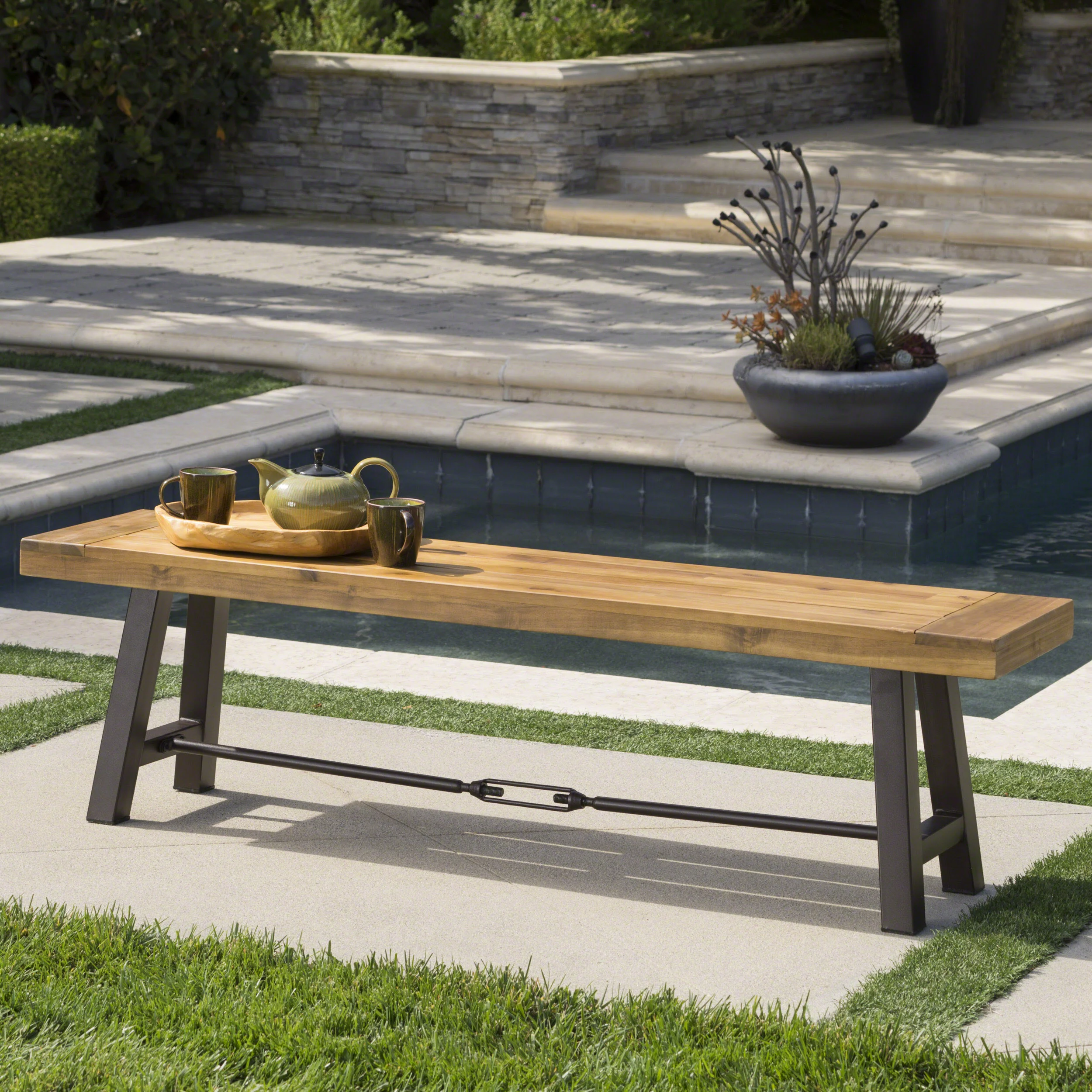 Cana Outdoor Teak Finished Acacia Wood Bench with Rustic Metal Accents - furnishings
