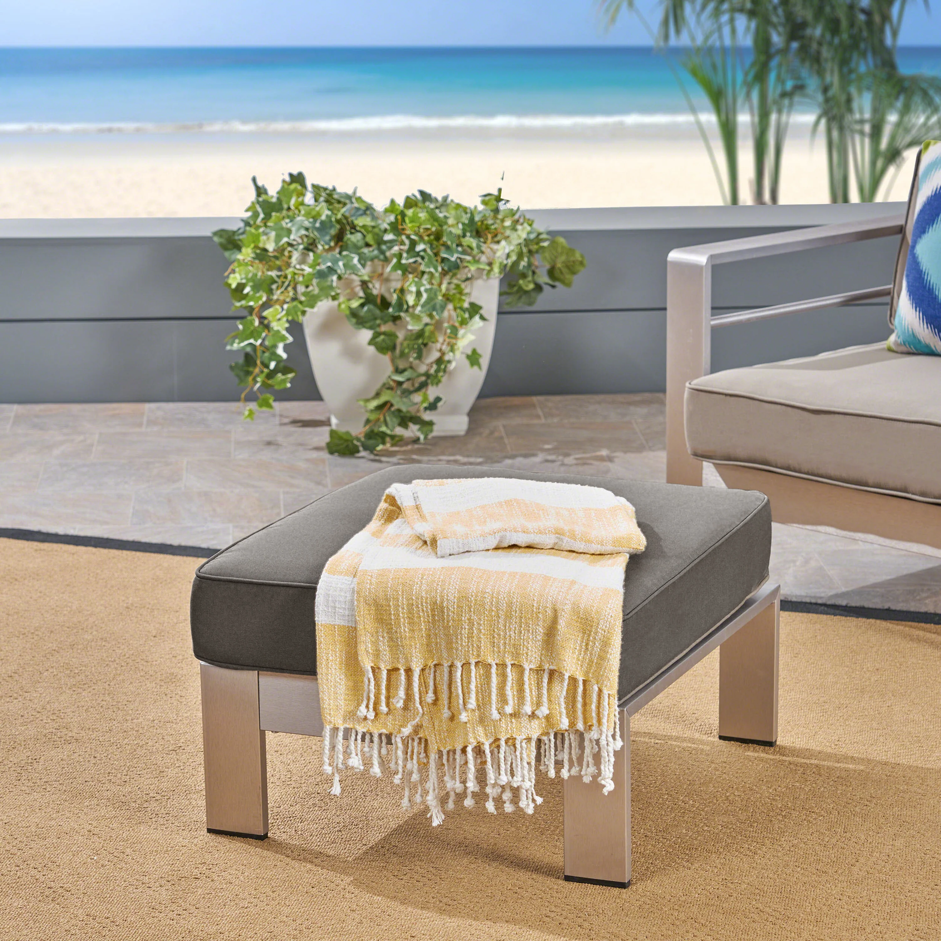 Aya Coral Cushioned Auminum Ottoman, Silver and Gray - furnishings