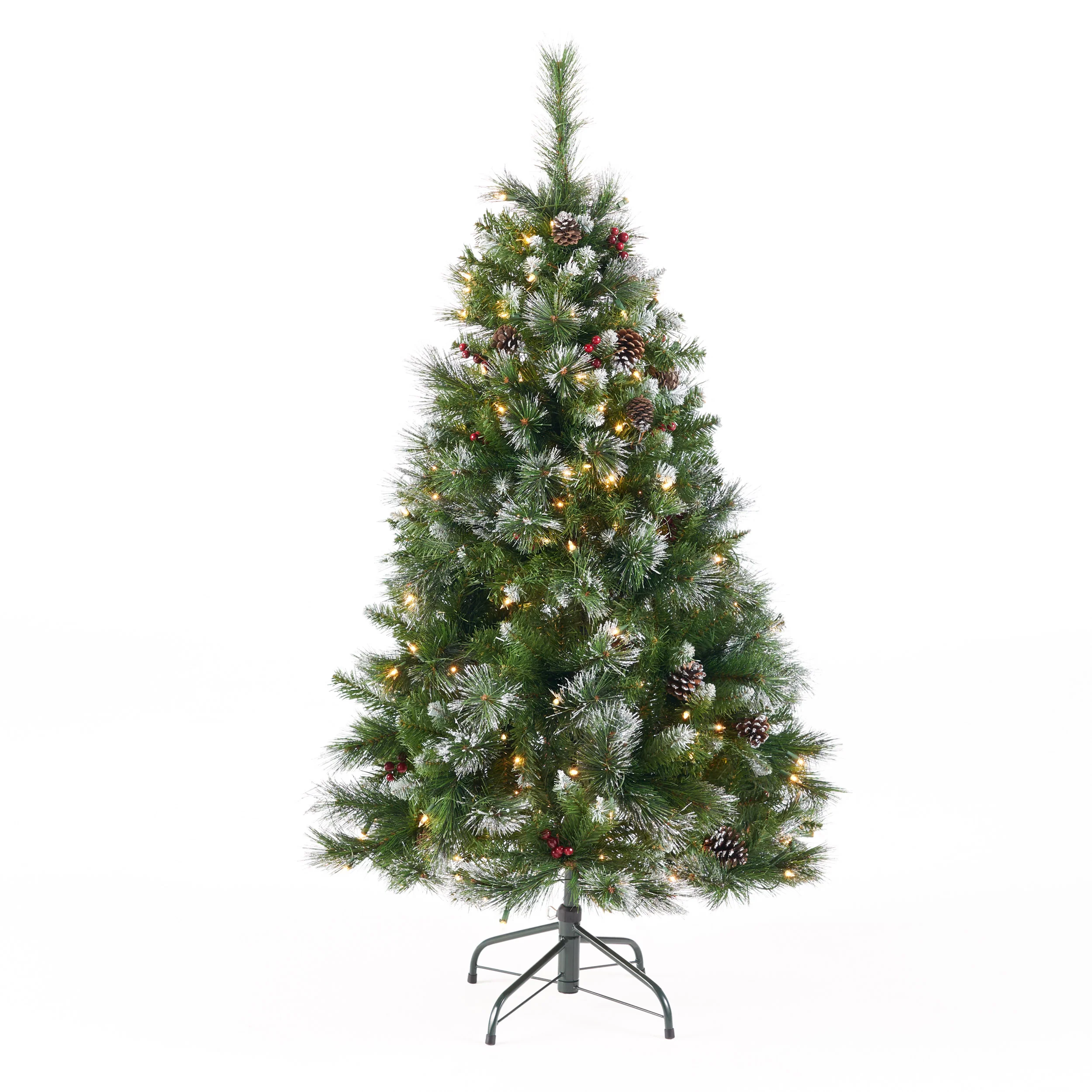 4.5-foot Mixed Spruce Hinged Artificial Christmas Tree with Glitter Branches, Red Berries, and Pinecones - furnishings