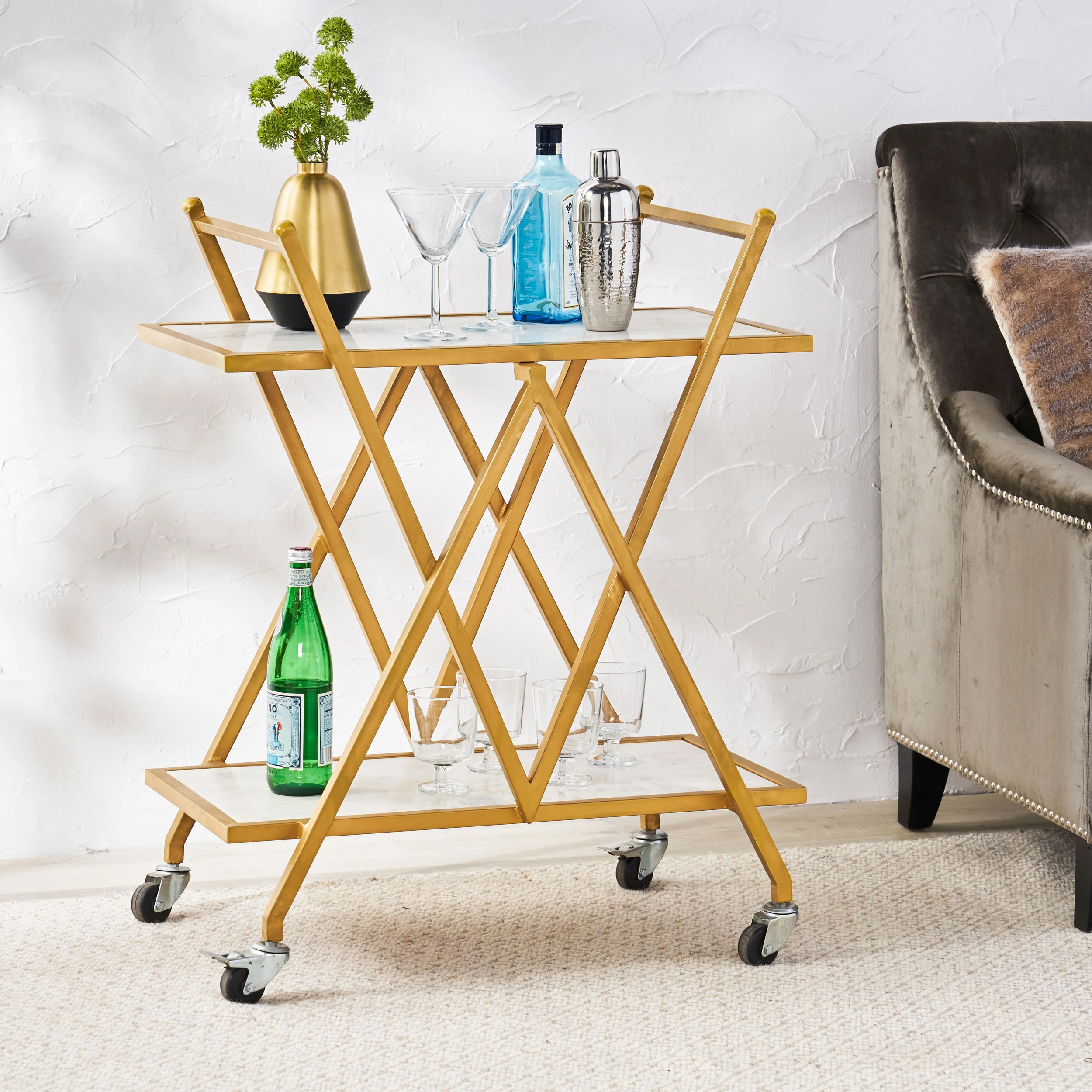 Adair Handcrafted Modern Glam Marble Bar Cart - furnishings