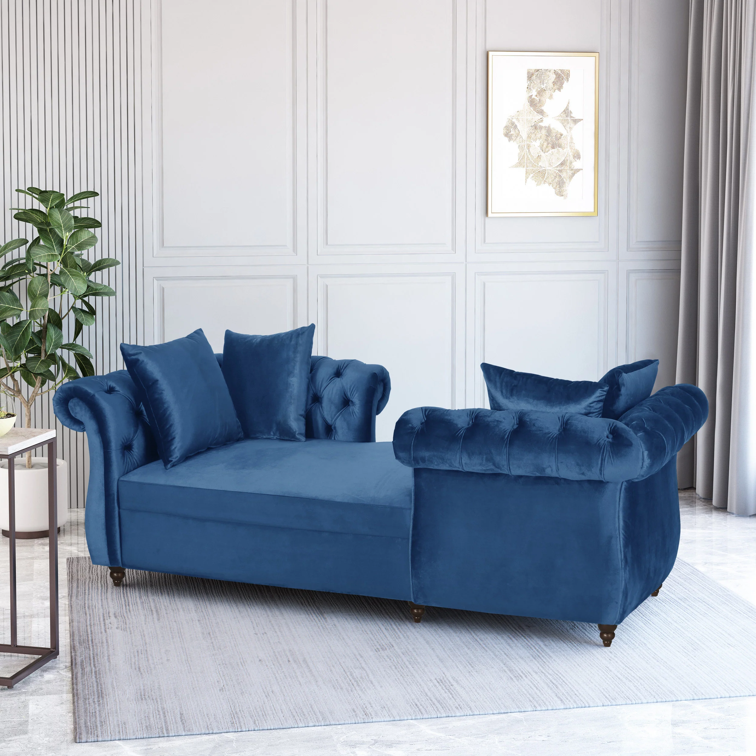 Harrisville Modern Glam Tufted Velvet Tete-a-Tete Chaise Lounge with Accent Pillows - furnishings