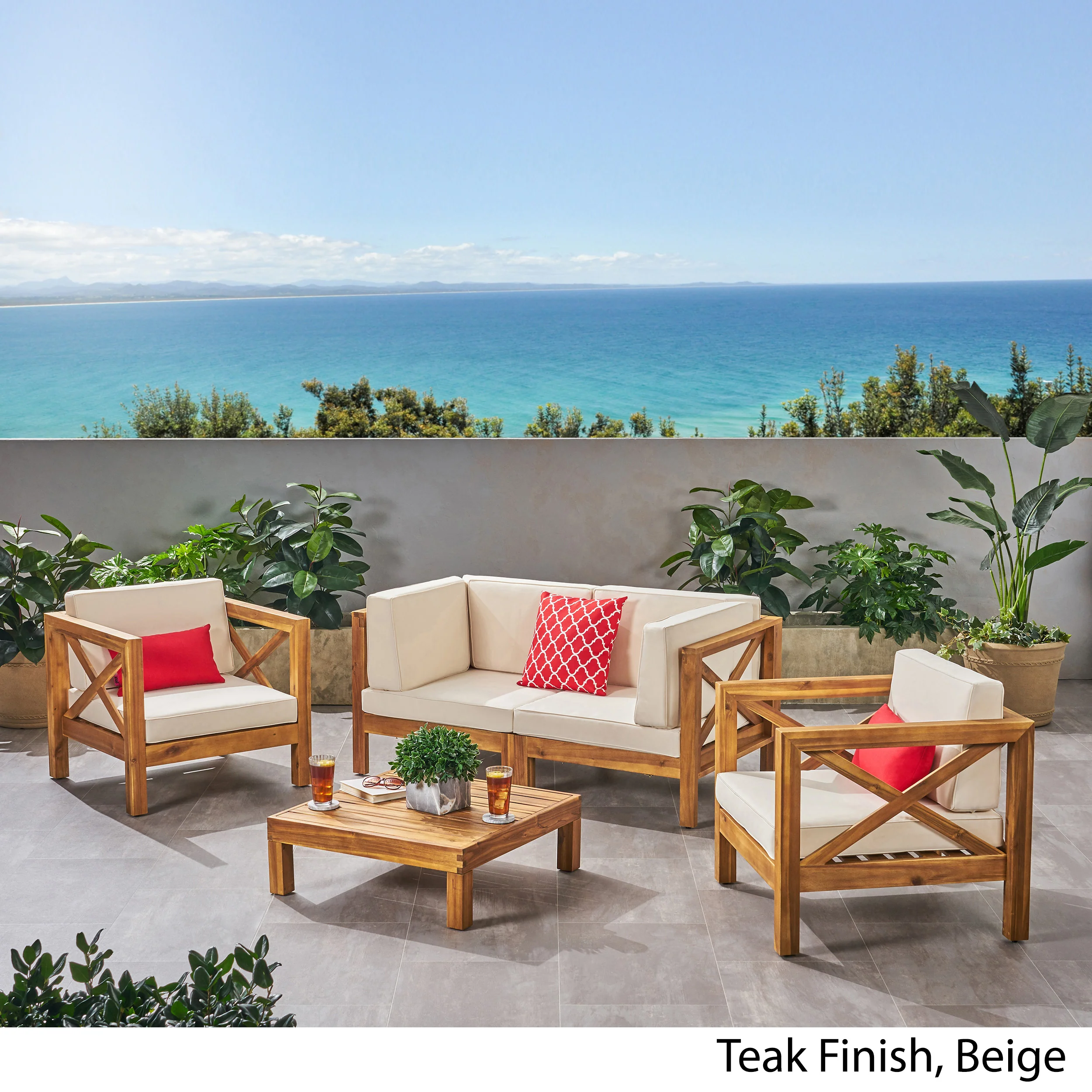 Morgan Outdoor 4 Seater Acacia Wood Loveseat Chat Set - furnishings