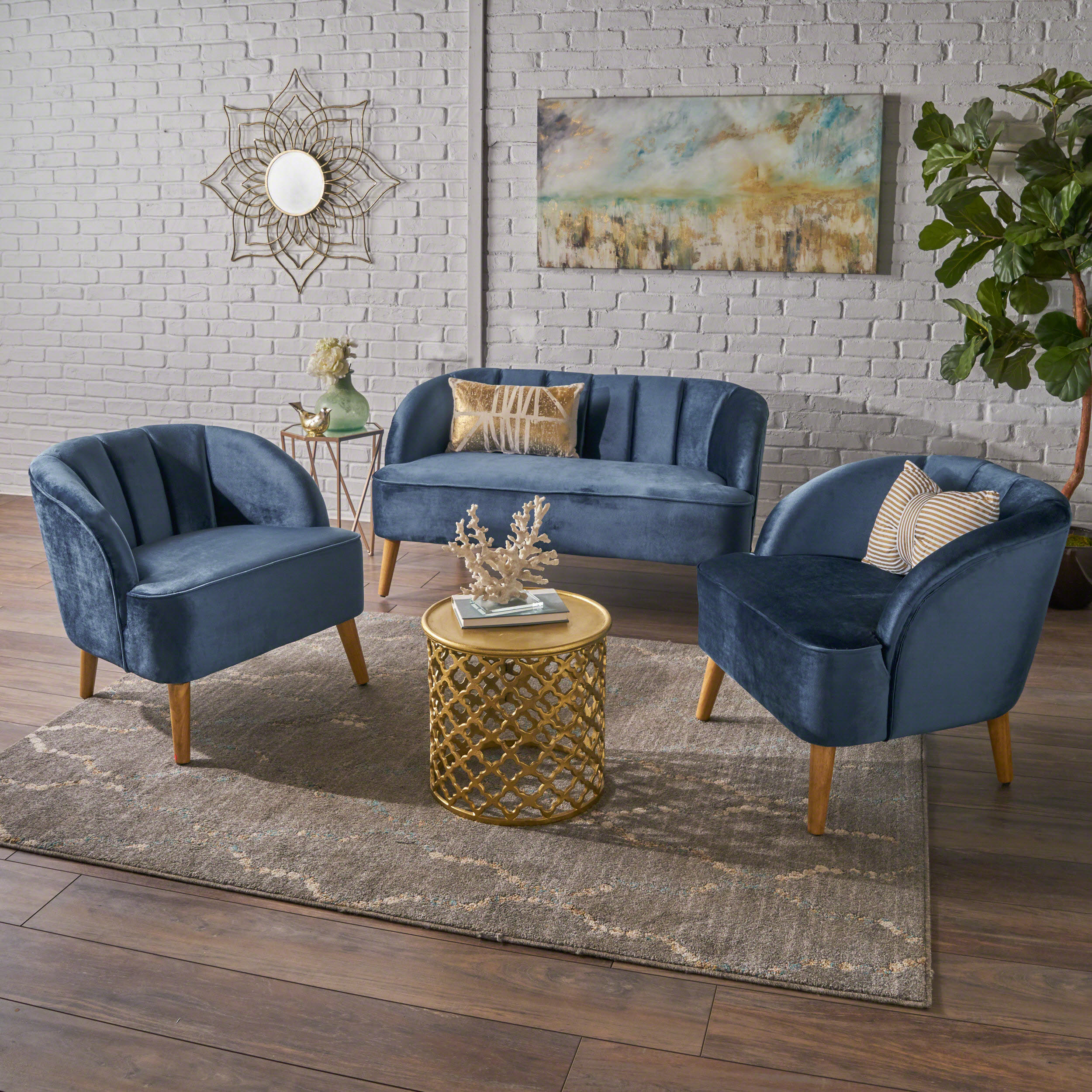 Scarlett Velvet 3-Piece Velvet Chairs & Couch Living Room Set - furnishings