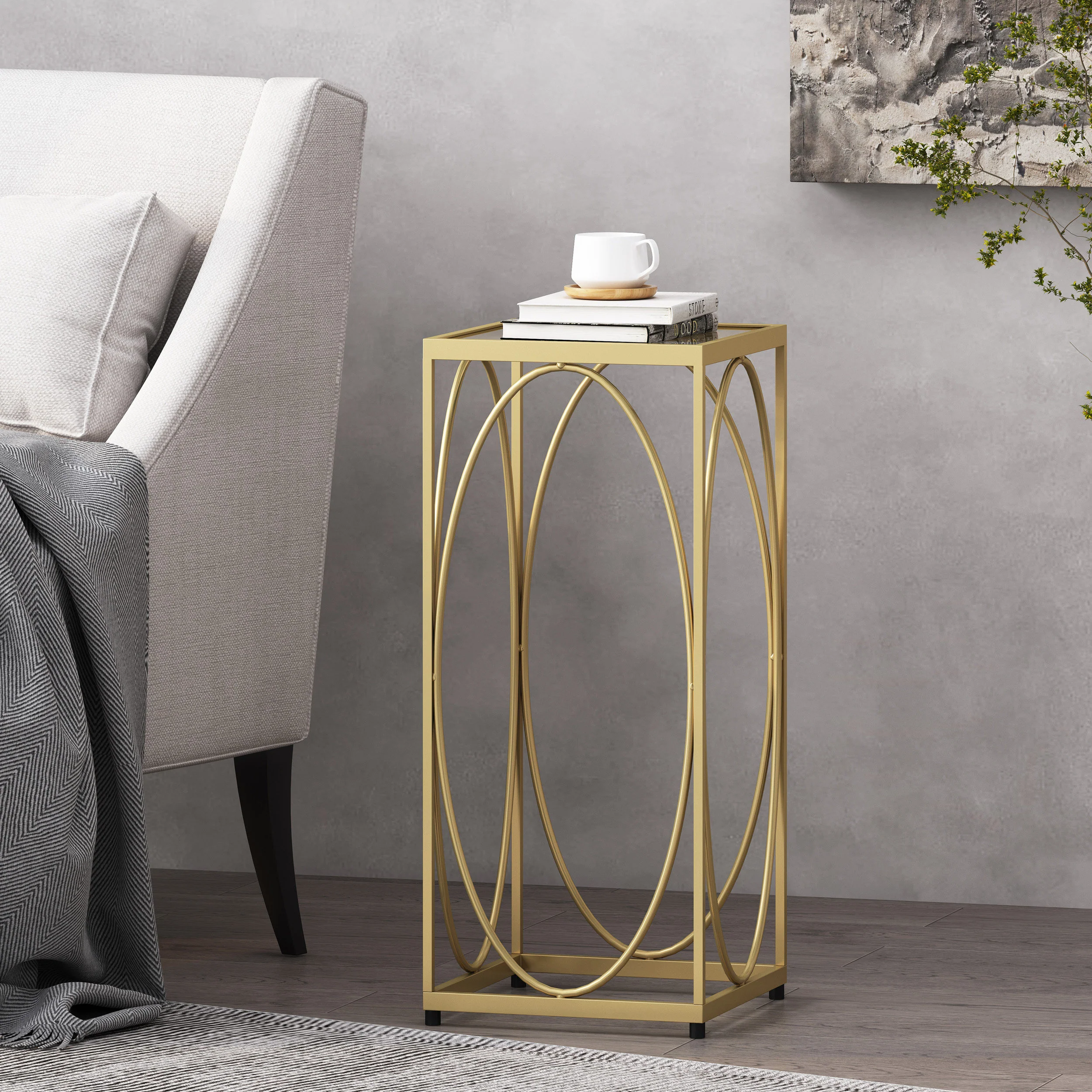 Feichko Modern Glam Glass Top End Table, Champagne Gold and Black - furnishings