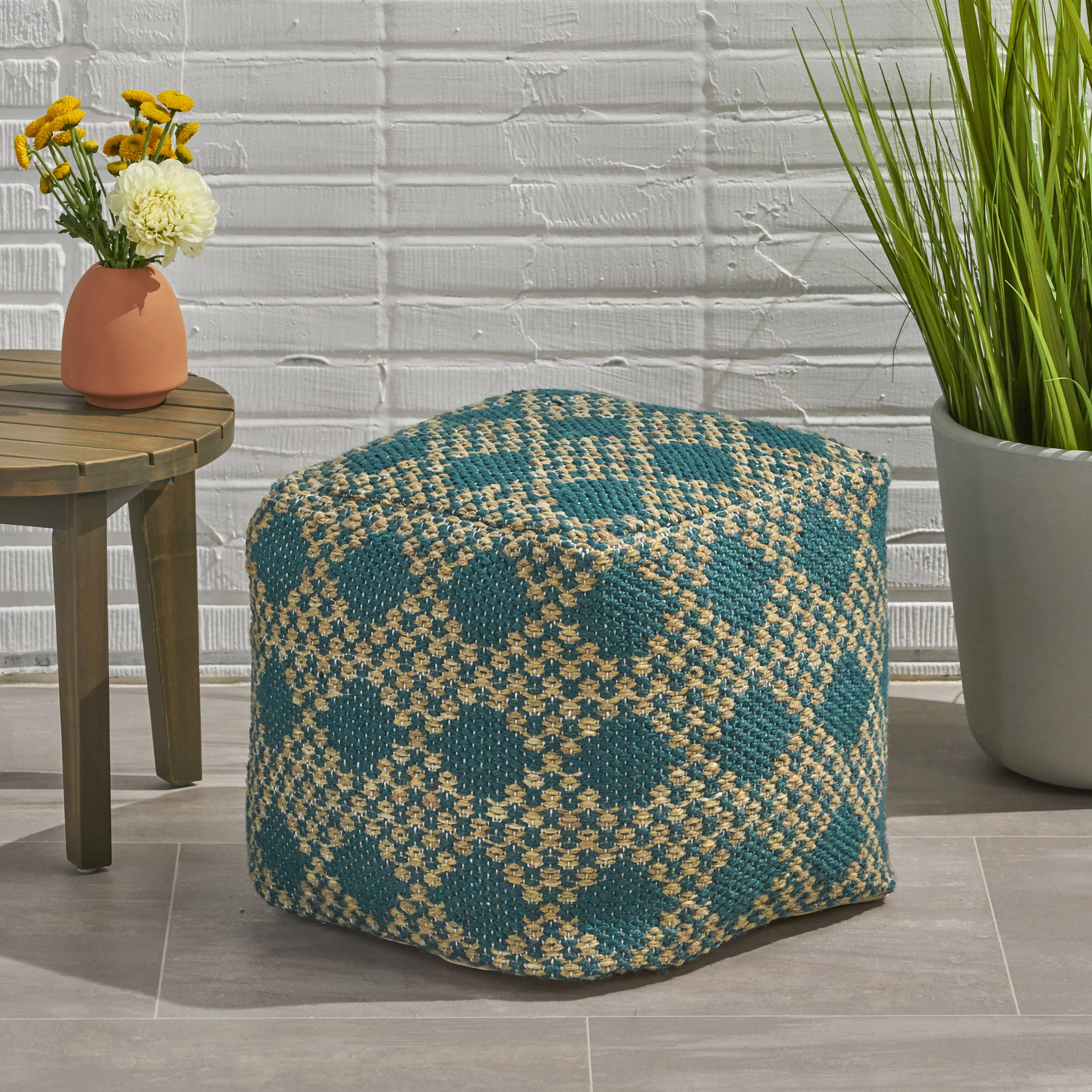 Mamie Boho Diamond Pattern Teal and Beige Yarn Cube Pouf - furnishings