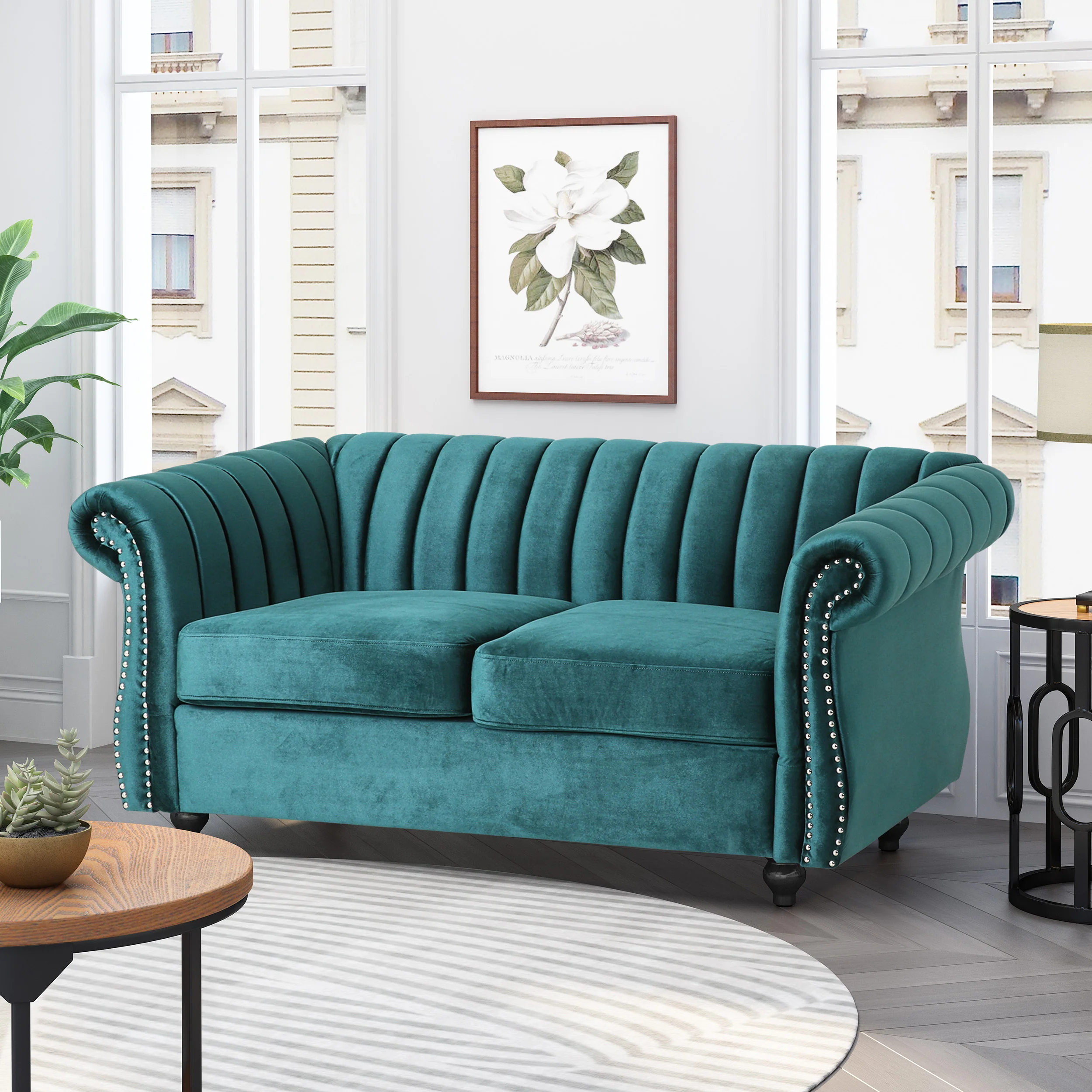 Bauman Modern Glam Channel Stitch Loveseat with Nailhead Trim - furnishings