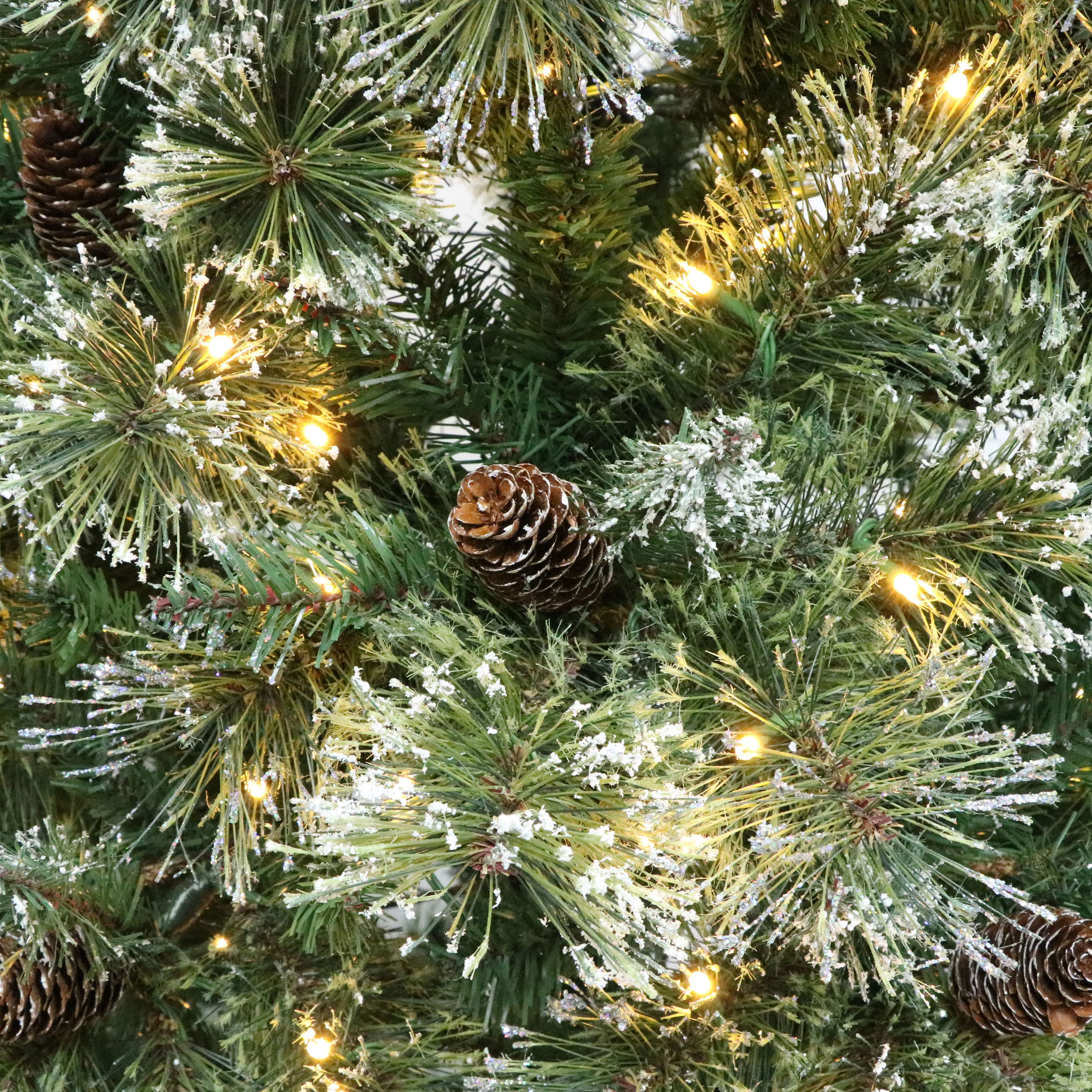7.5-foot Cashmere Pine and Mixed Needles Pre-Lit Clear LED Hinged Artificial Christmas Tree with Snow and Glitter Branches and Frosted Pinecones - furnishings
