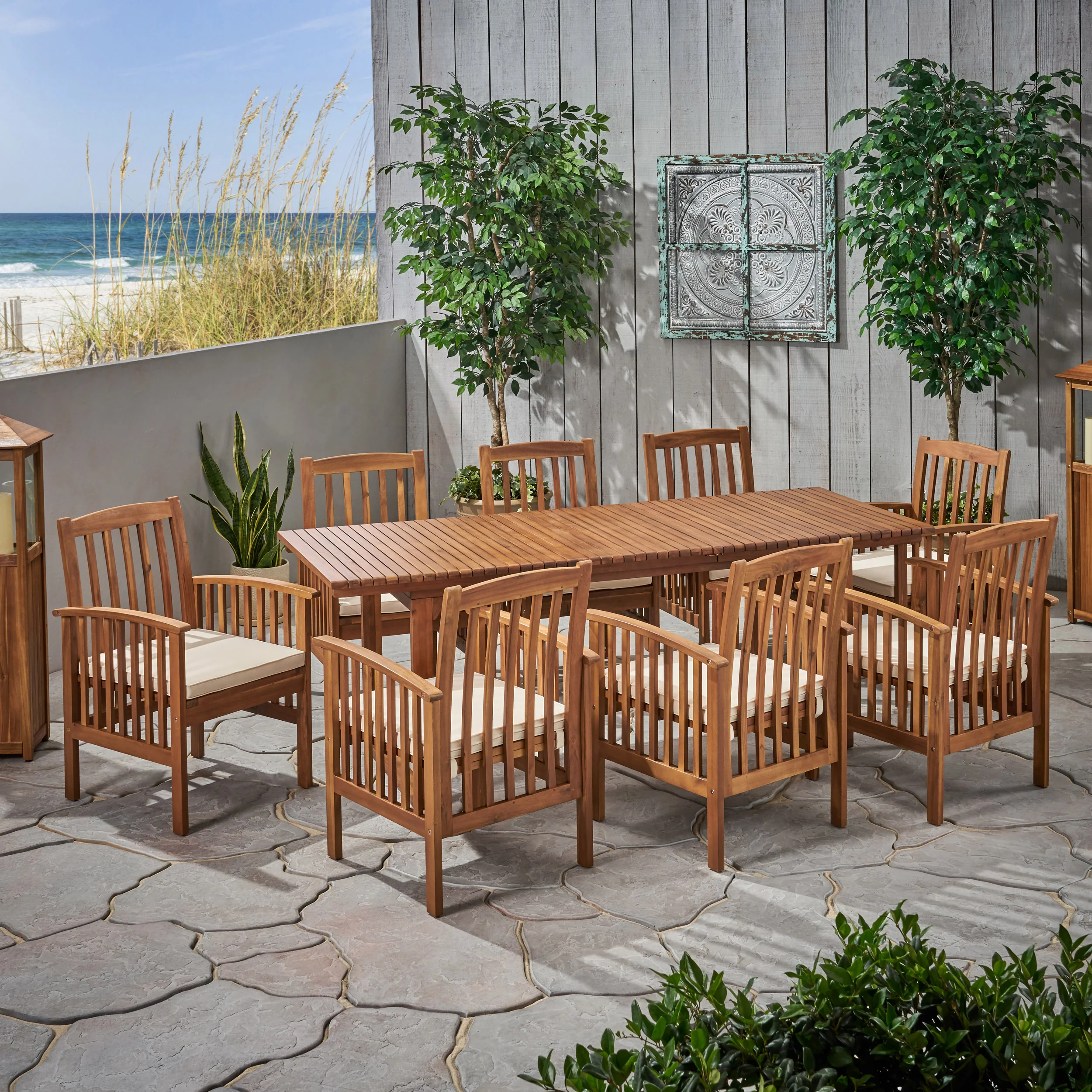 Bowdon Outdoor 8 Seater Expandable Acacia Wood Dining Set - furnishings