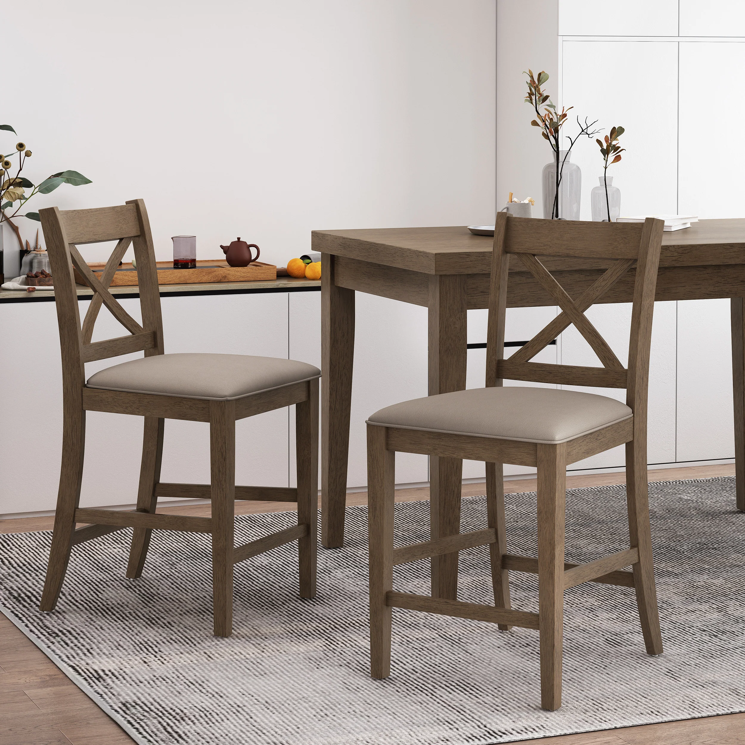 Bouman Farmhouse Upholstered Wood Counter Stools, Set of 2 - furnishings