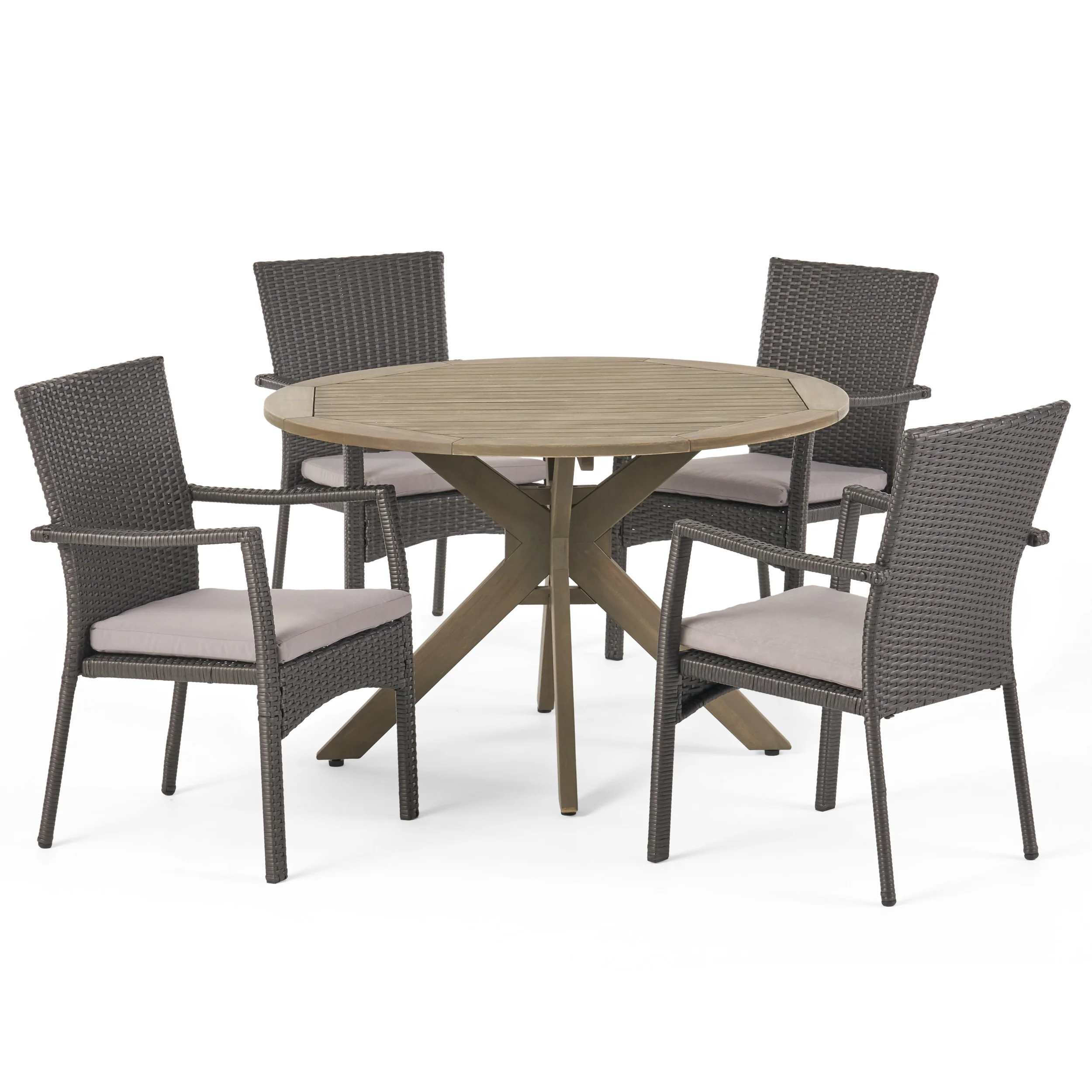 Layna Outdoor 5 Piece Wood and Wicker Dining Set, Gray and Gray - furnishings