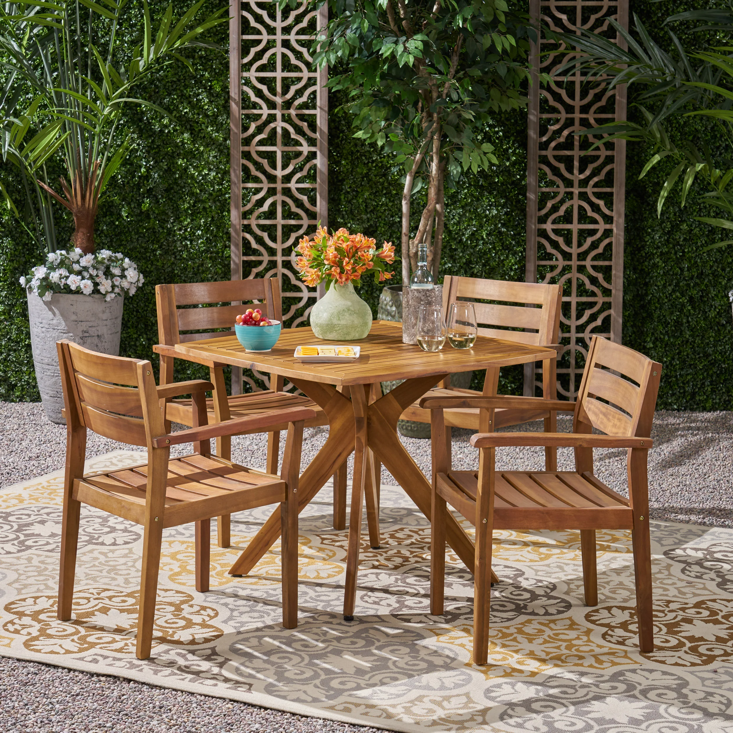 Stanford Outdoor 5 Piece Acacia Wood Dining Set Wit X Base - furnishings