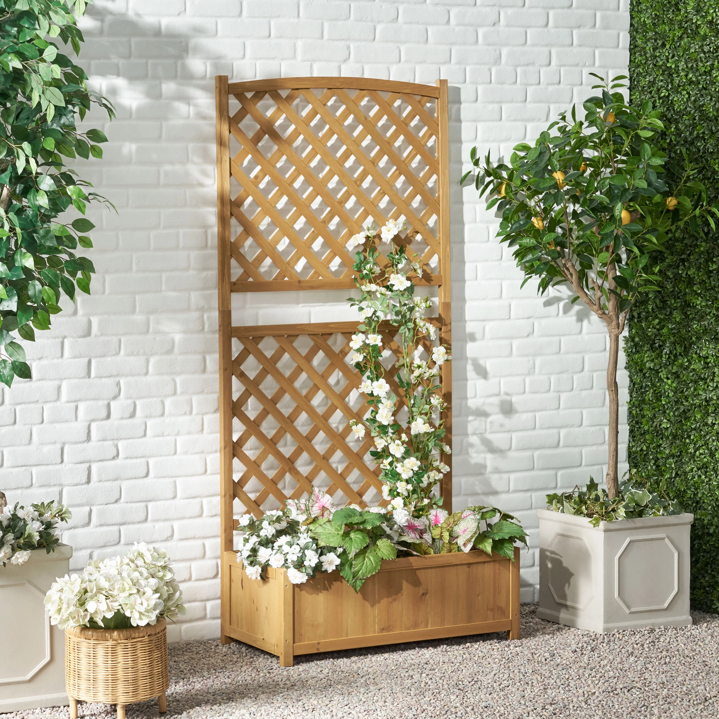 Mallett Traditional Rectangular Firwood Planter Box with Trellis - furnishings