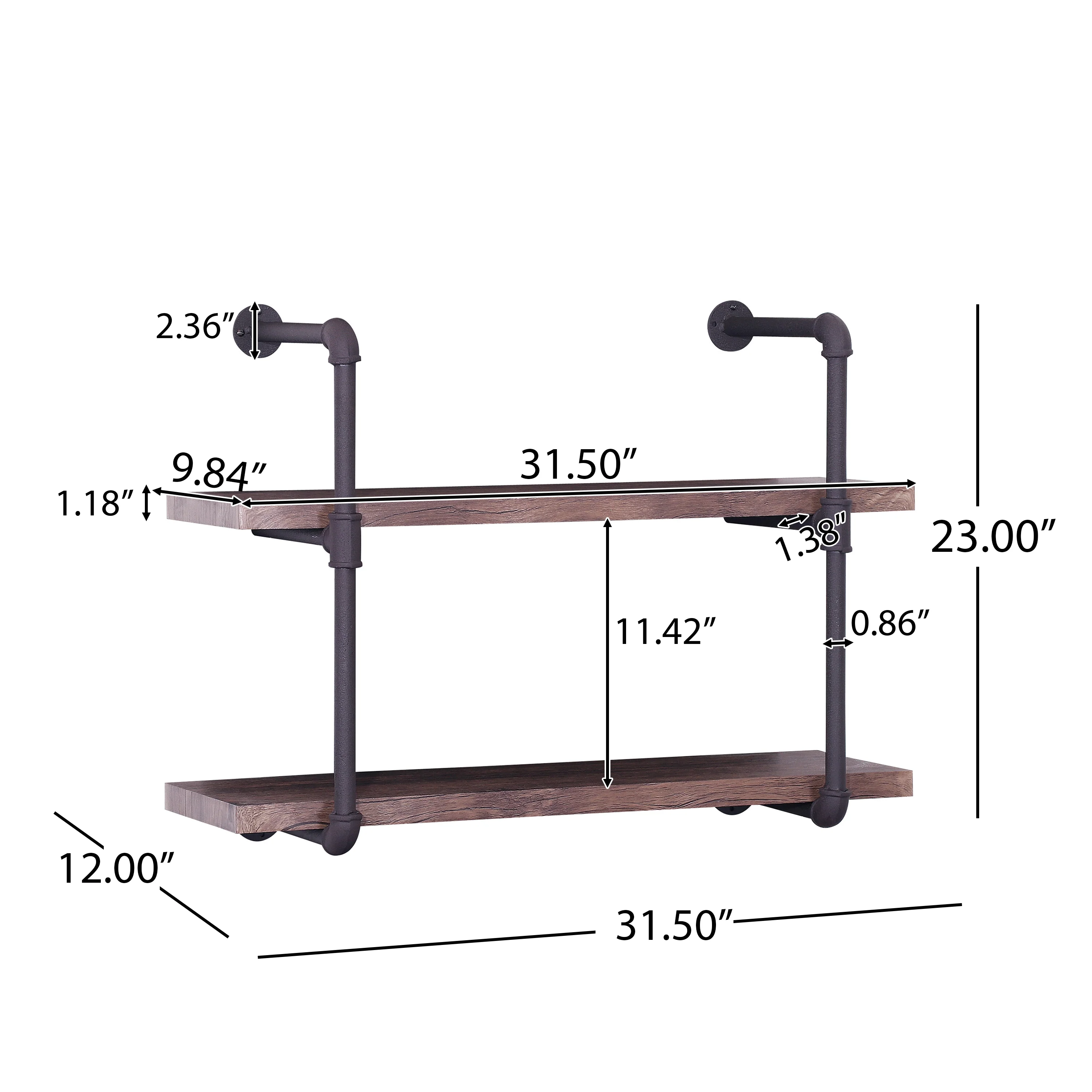 Caden 2 Shelf Industrial Pipe Design Wall Mount Floating Shelf - furnishings