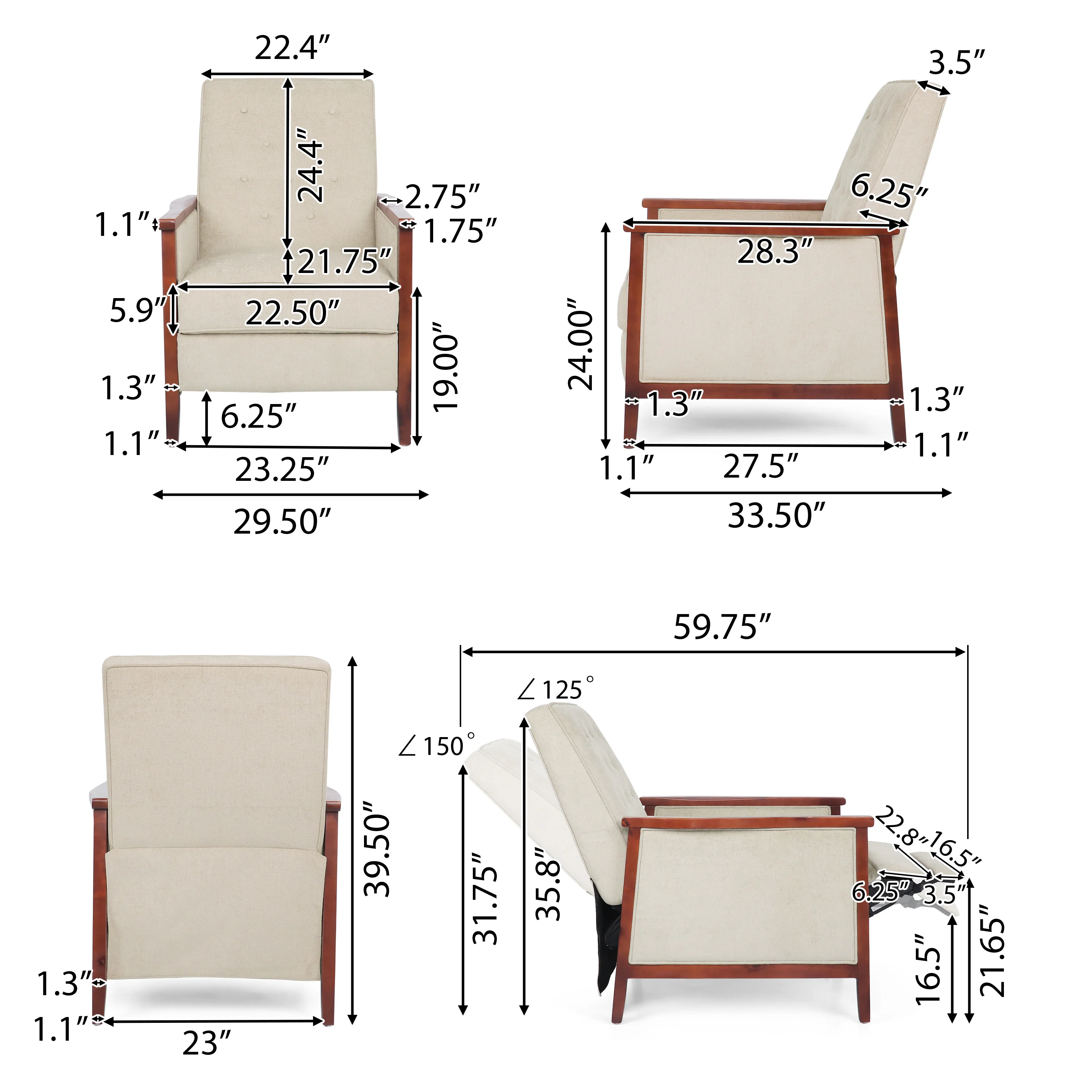 Albatros Mid Century Modern Fabric Tufted Wood Pushback Recliner - furnishings