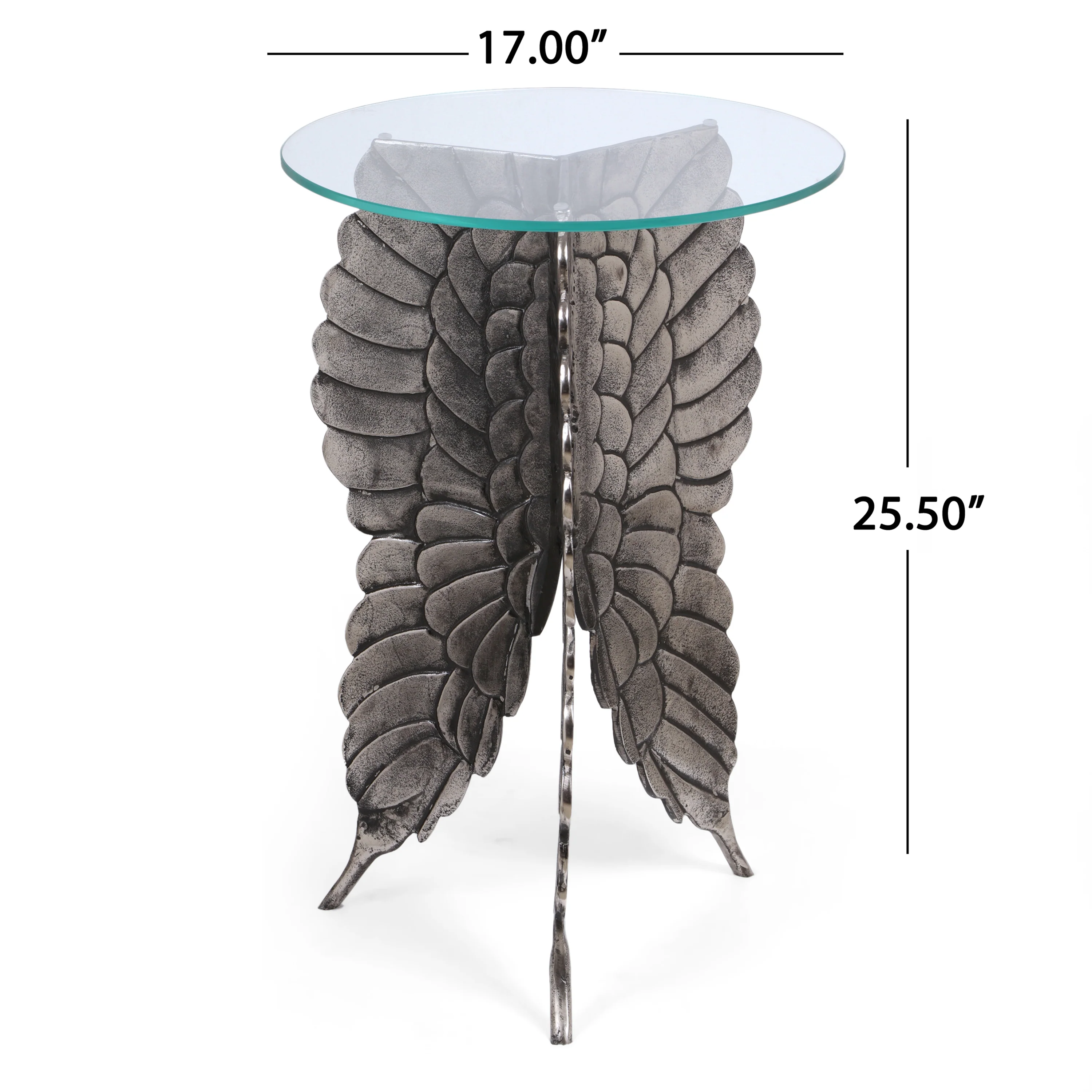 Hardt Boho Glam Handcrafted Aluminum Fairy Wing Accent Table with Glass Top, Antique Nickel - furnishings