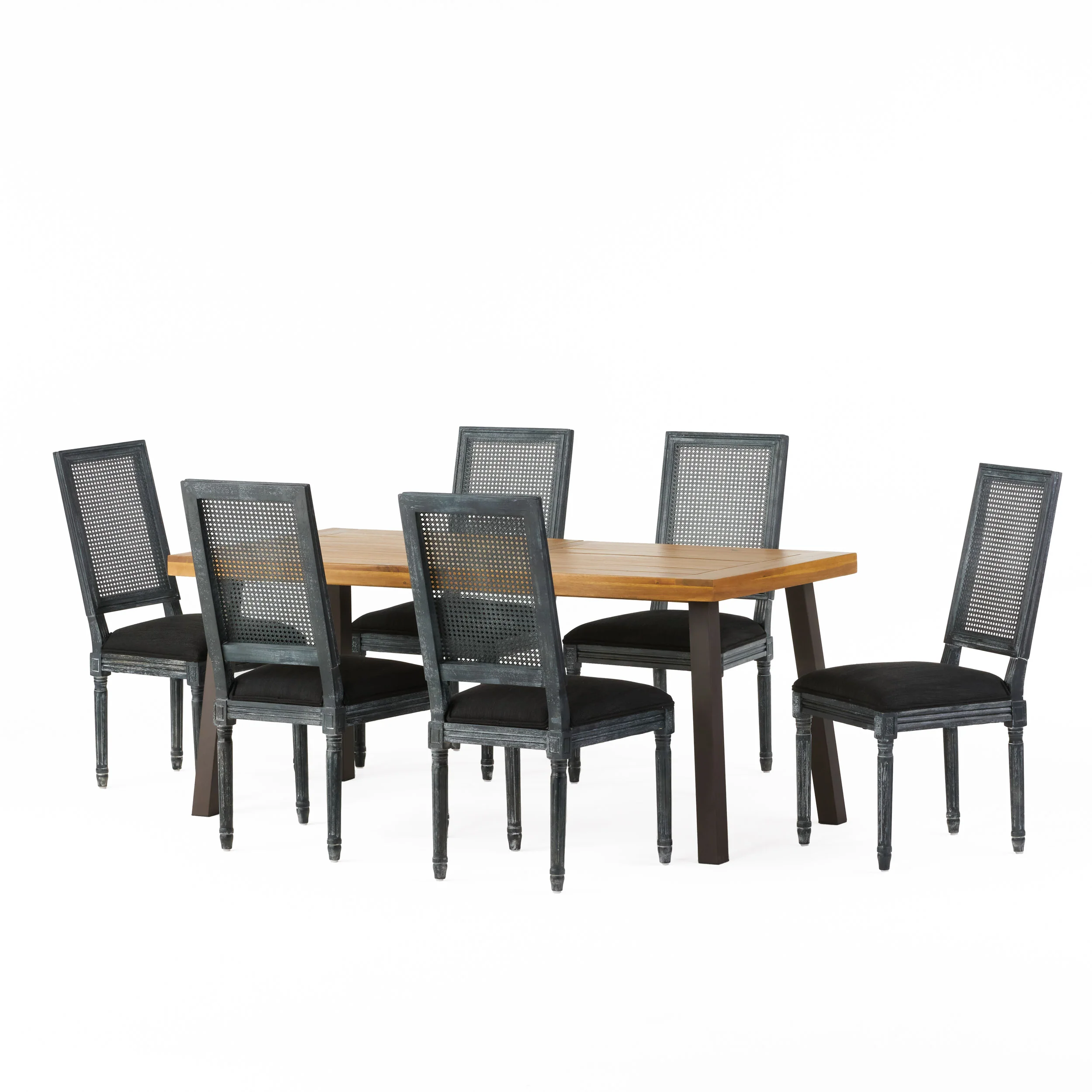 Whitten Farmhouse Fabric Upholstered Wood and Cane 7 Piece Dining Set - furnishings