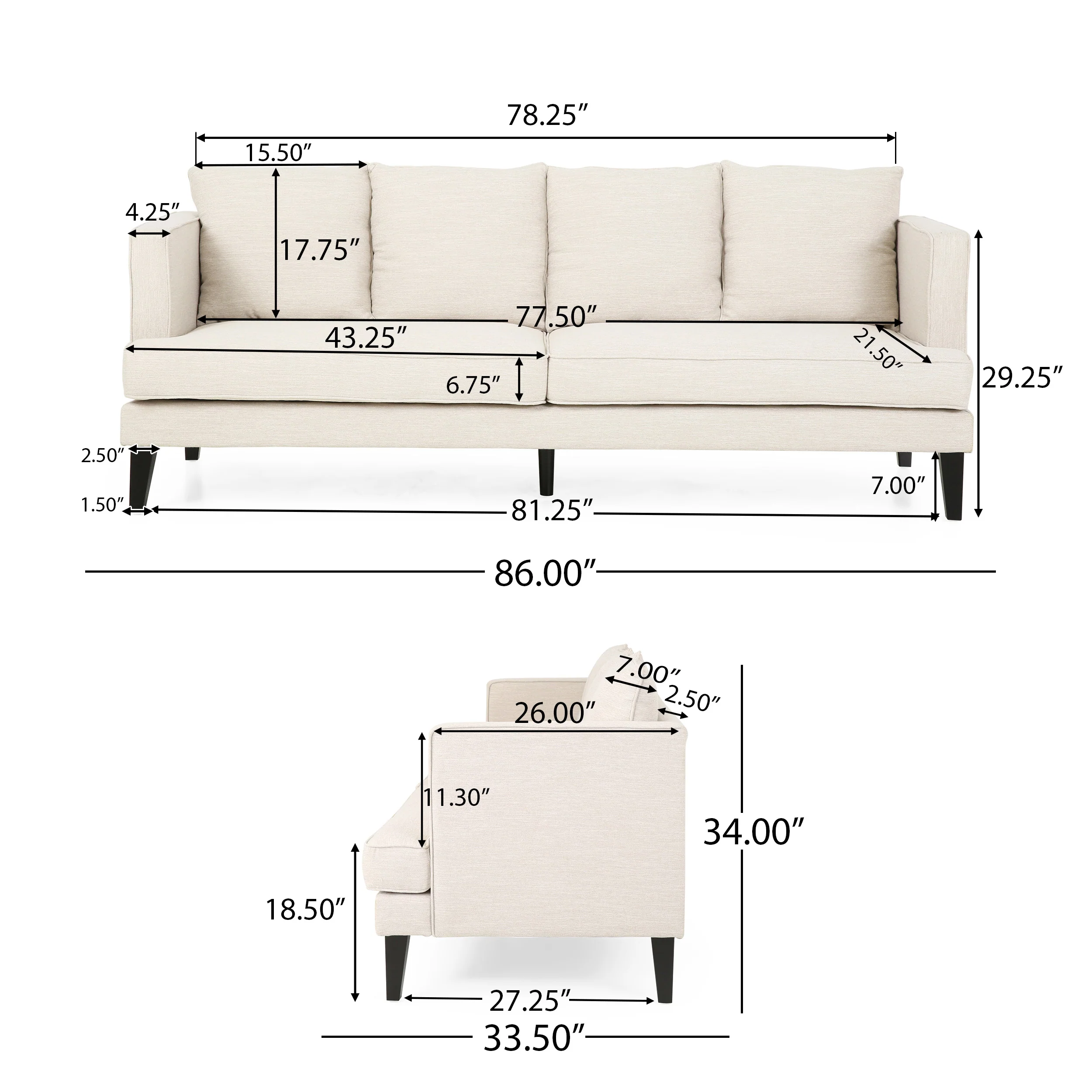 Nimsi Contemporary 3 Seater Fabric Sofa - furnishings