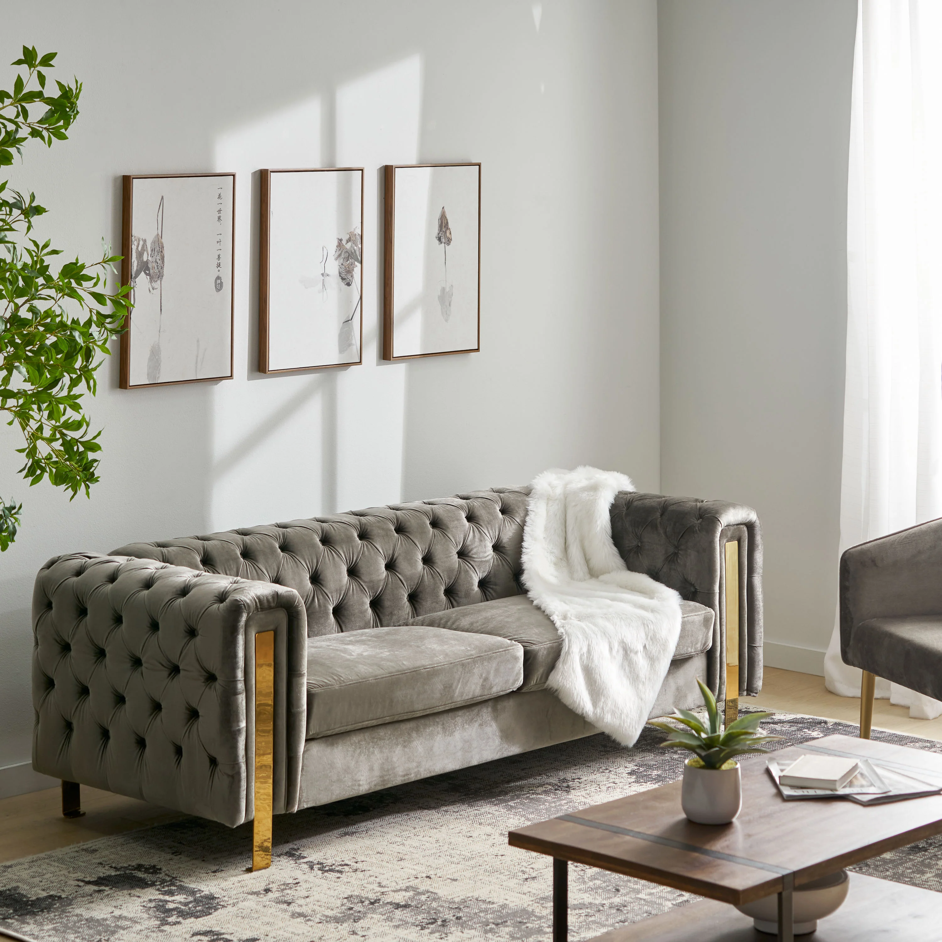 Giovanna Modern Glam Tufted Velvet 3 Seater Sofa - furnishings