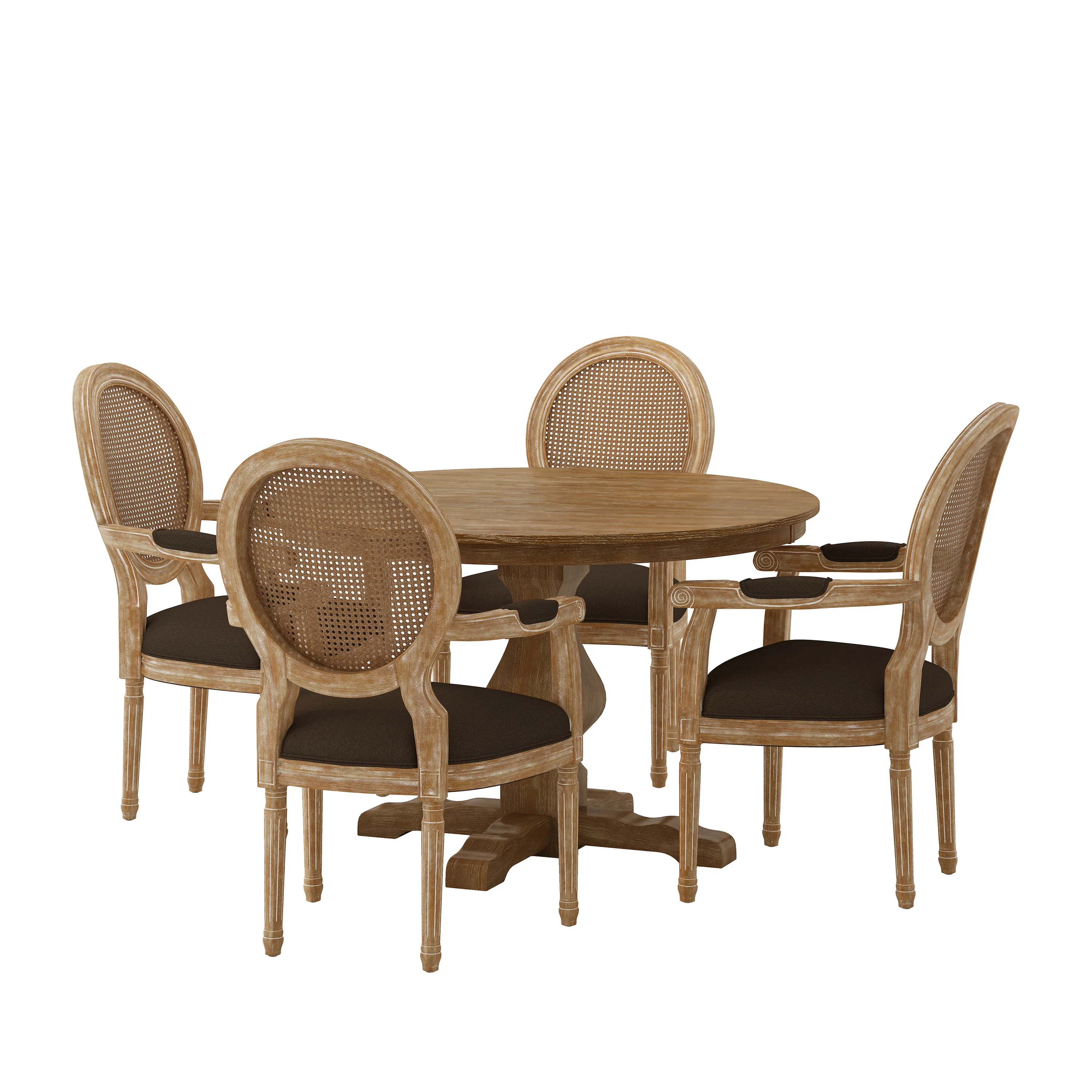 Bryan French Country Fabric Upholstered Wood and Cane 5 Piece Circular Dining Set - furnishings