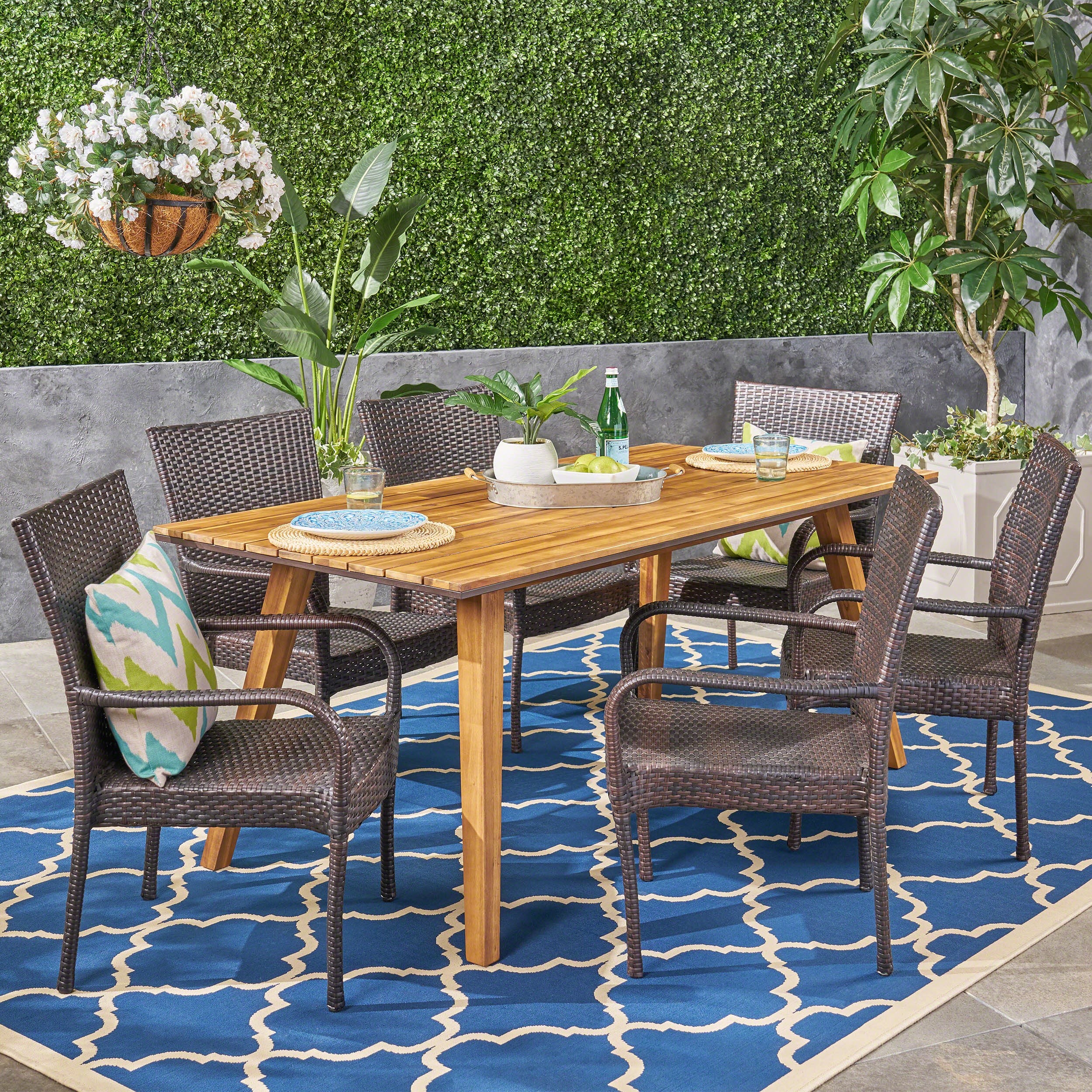 Lilith Outdoor 7 Piece Acacia Wood Dining Set with Stacking Wicker Chairs, Teak and Gray - furnishings