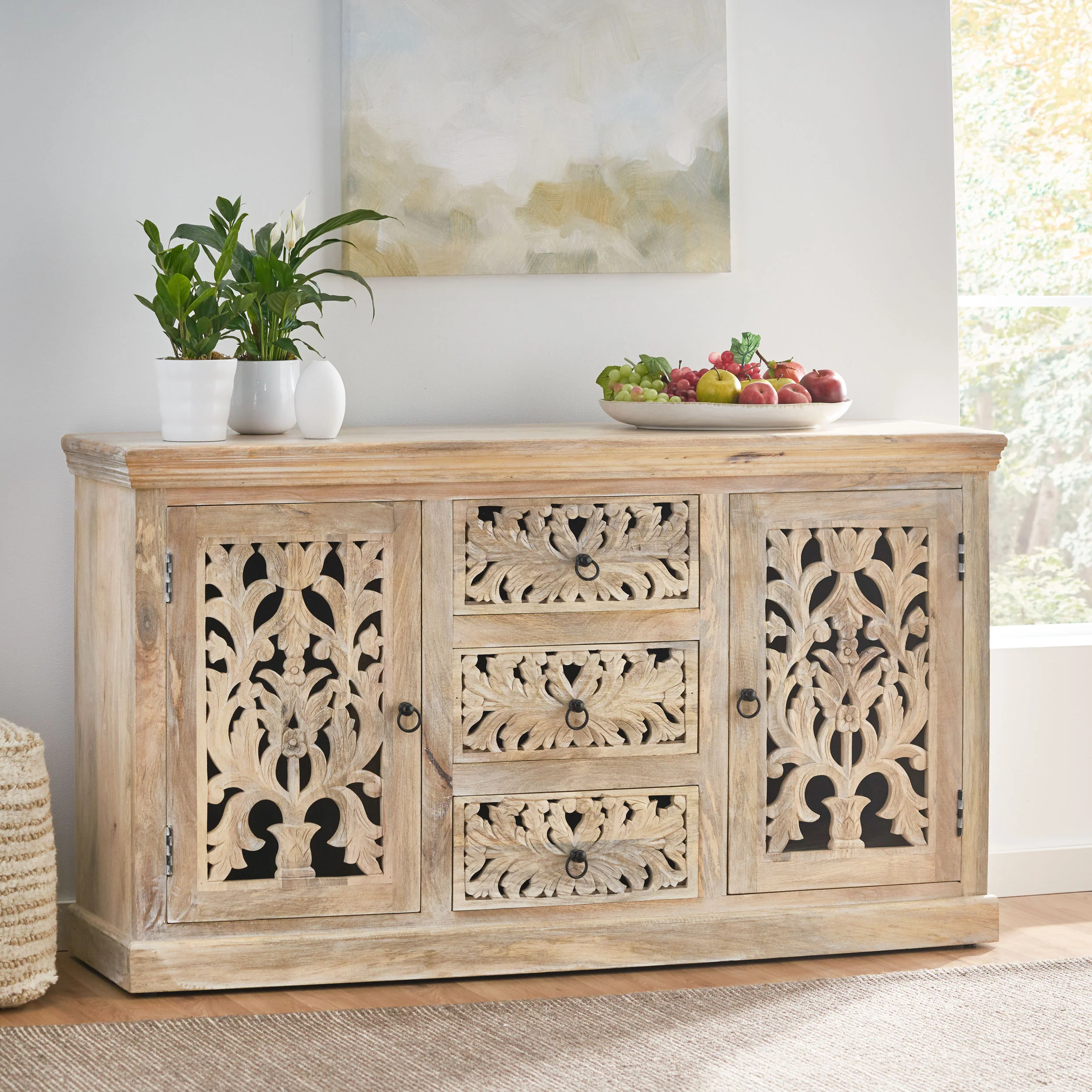 Scaggs Boho Handcrafted Mango Wood 3 Drawer Sideboard, Antique White - furnishings