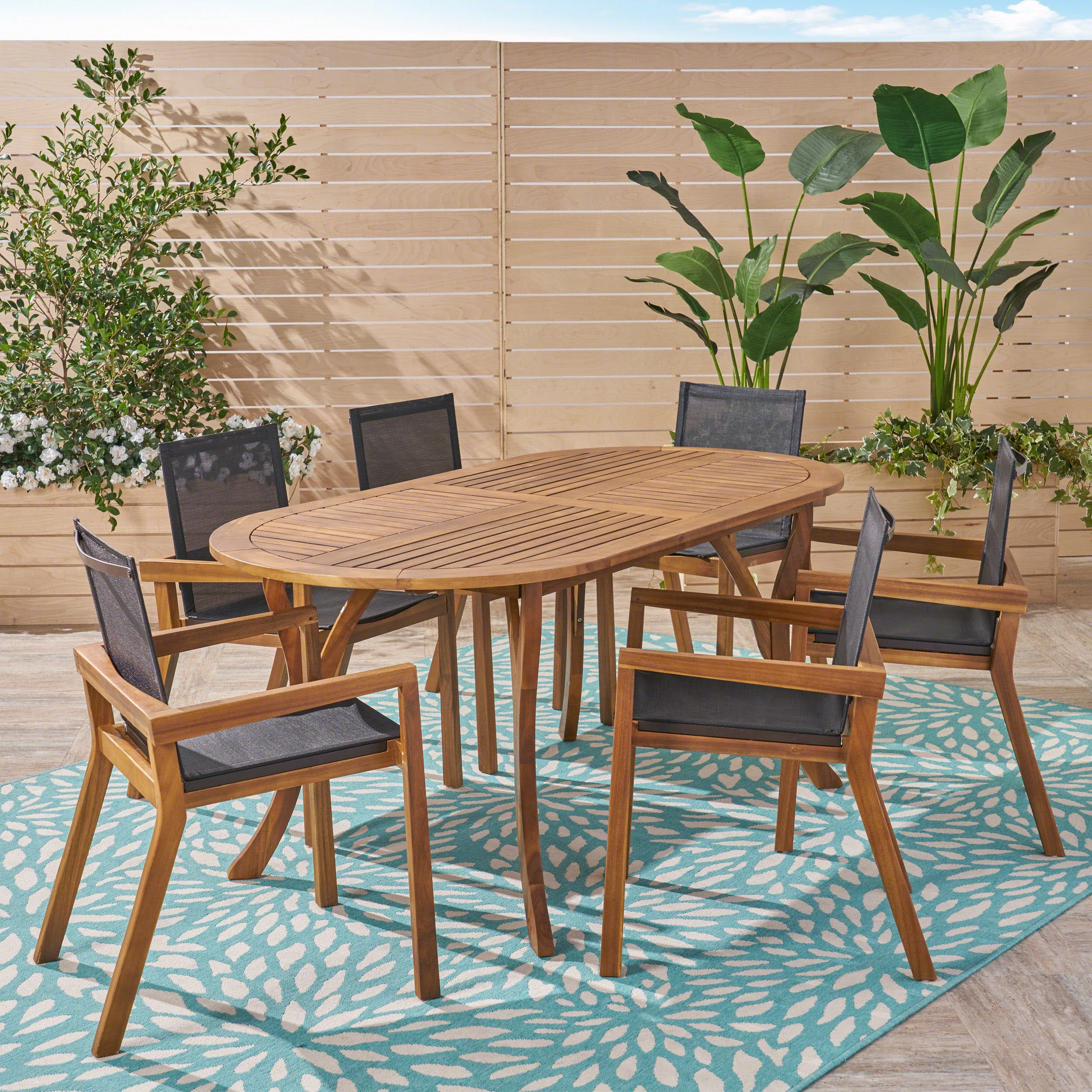Pitt Outdoor Acacia Wood 6 Seater Patio Dining Set with Mesh Seats - furnishings