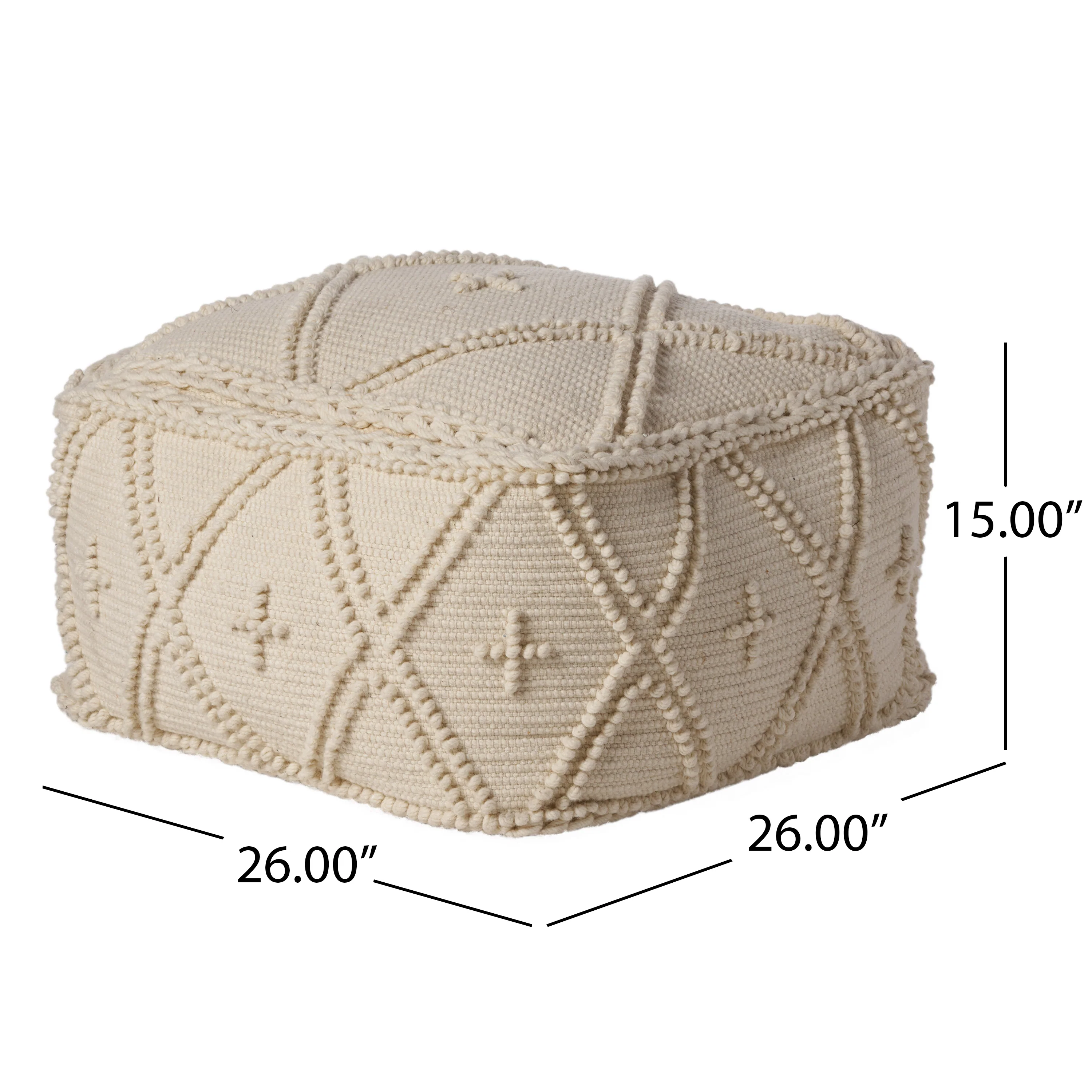 Nina Large Square Casual Pouf, Boho, White Wool and Cotton - furnishings