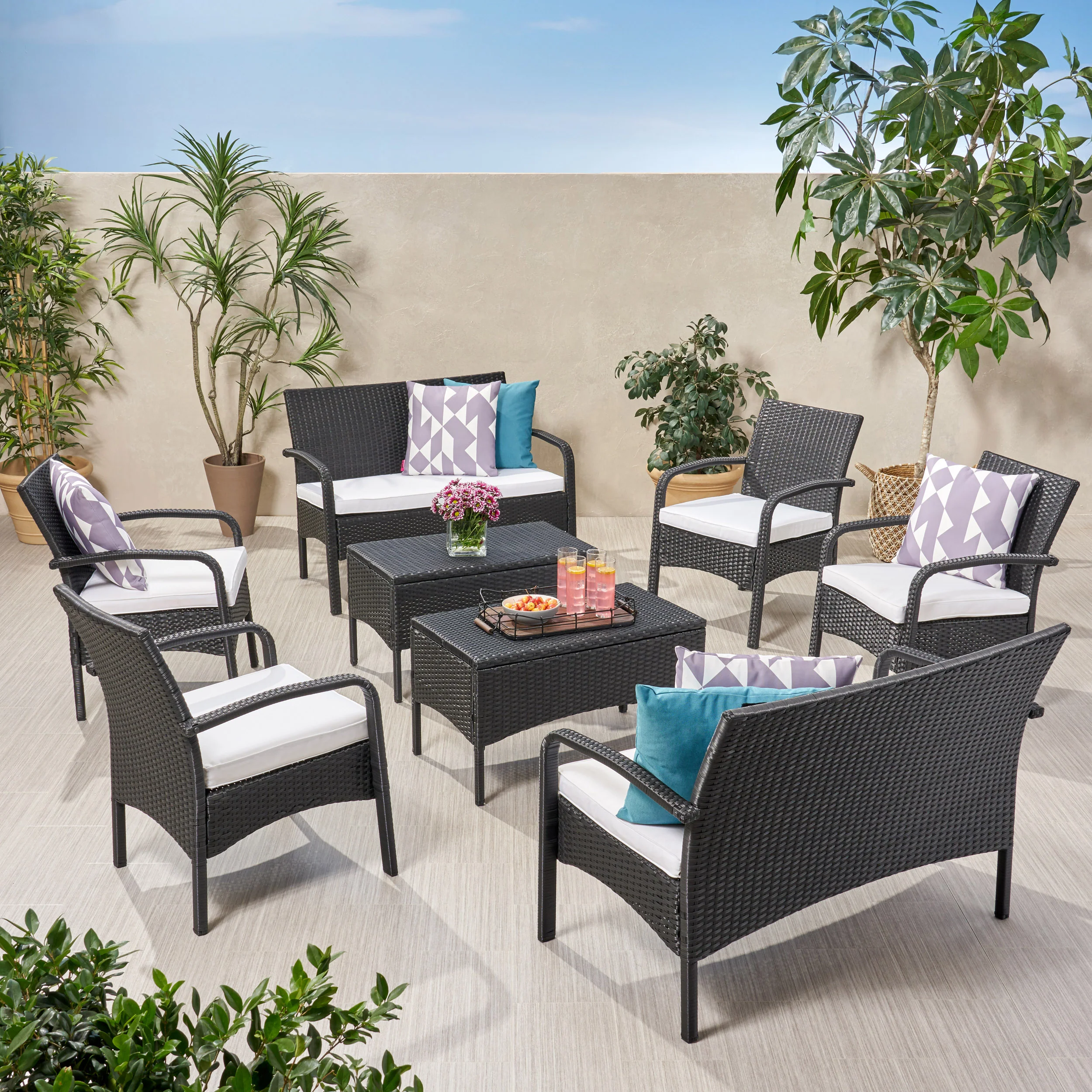 Carmela Outdoor 8 Seater Wicker Chat Set with Cushions - furnishings