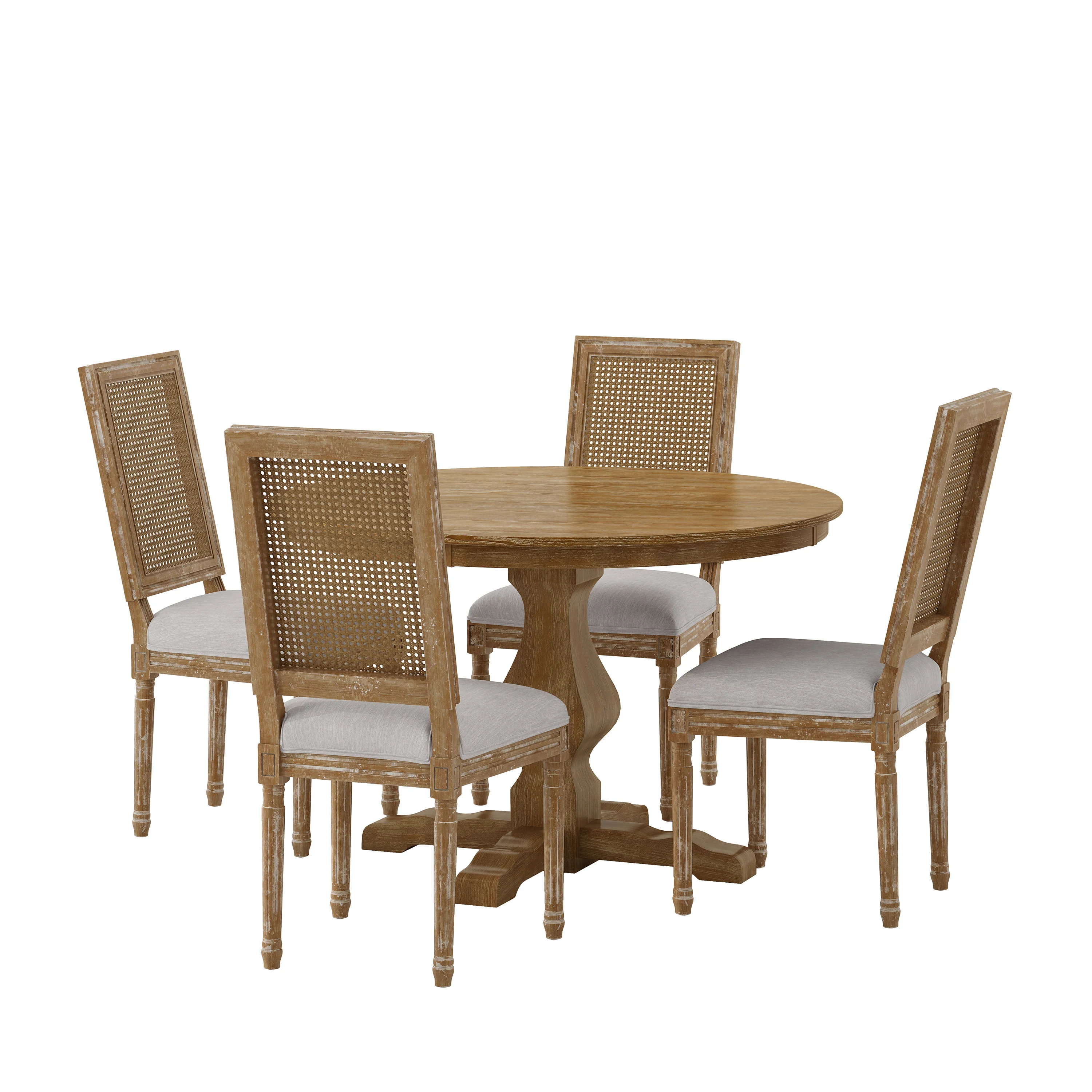 Merlene French Country Fabric Upholstered Wood and Cane 5 Piece Circular Dining Set - furnishings