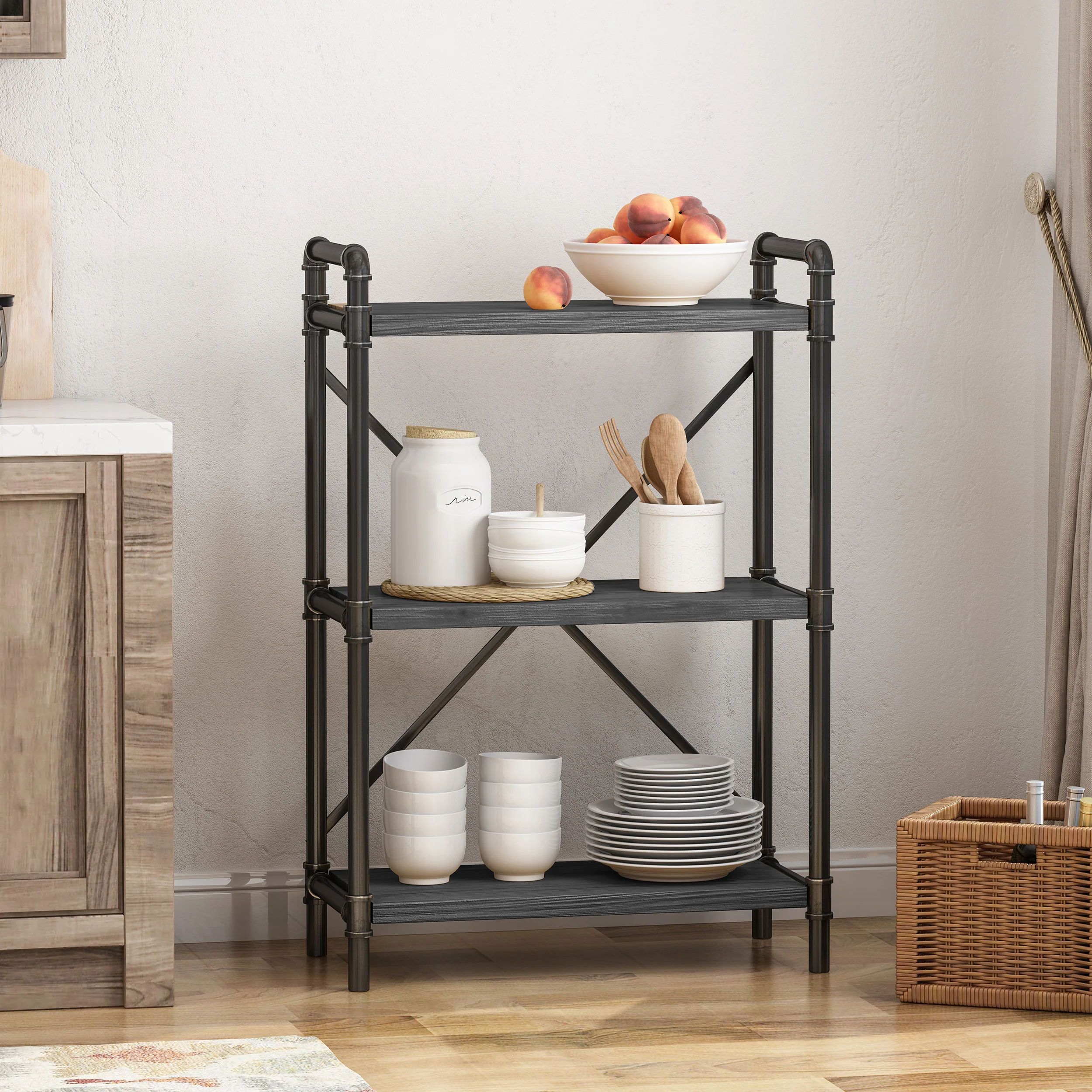 Bleckley Industrial Pipe Design 3-Shelf Etagere Bookcase - furnishings