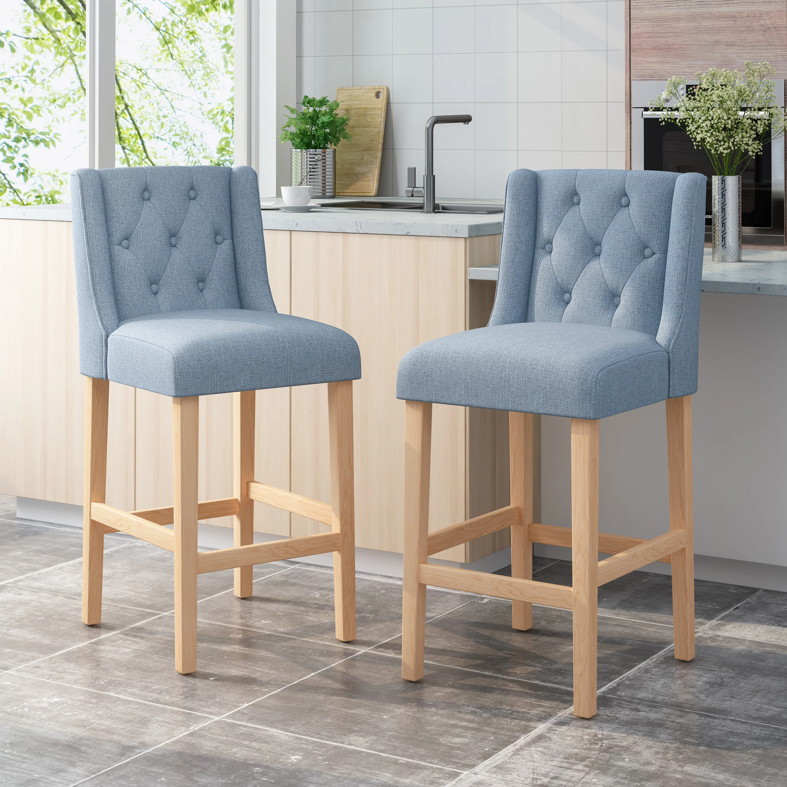 Zaydrian Button Tufted Fabric Wingback Bar Stool (Set of 2) - furnishings