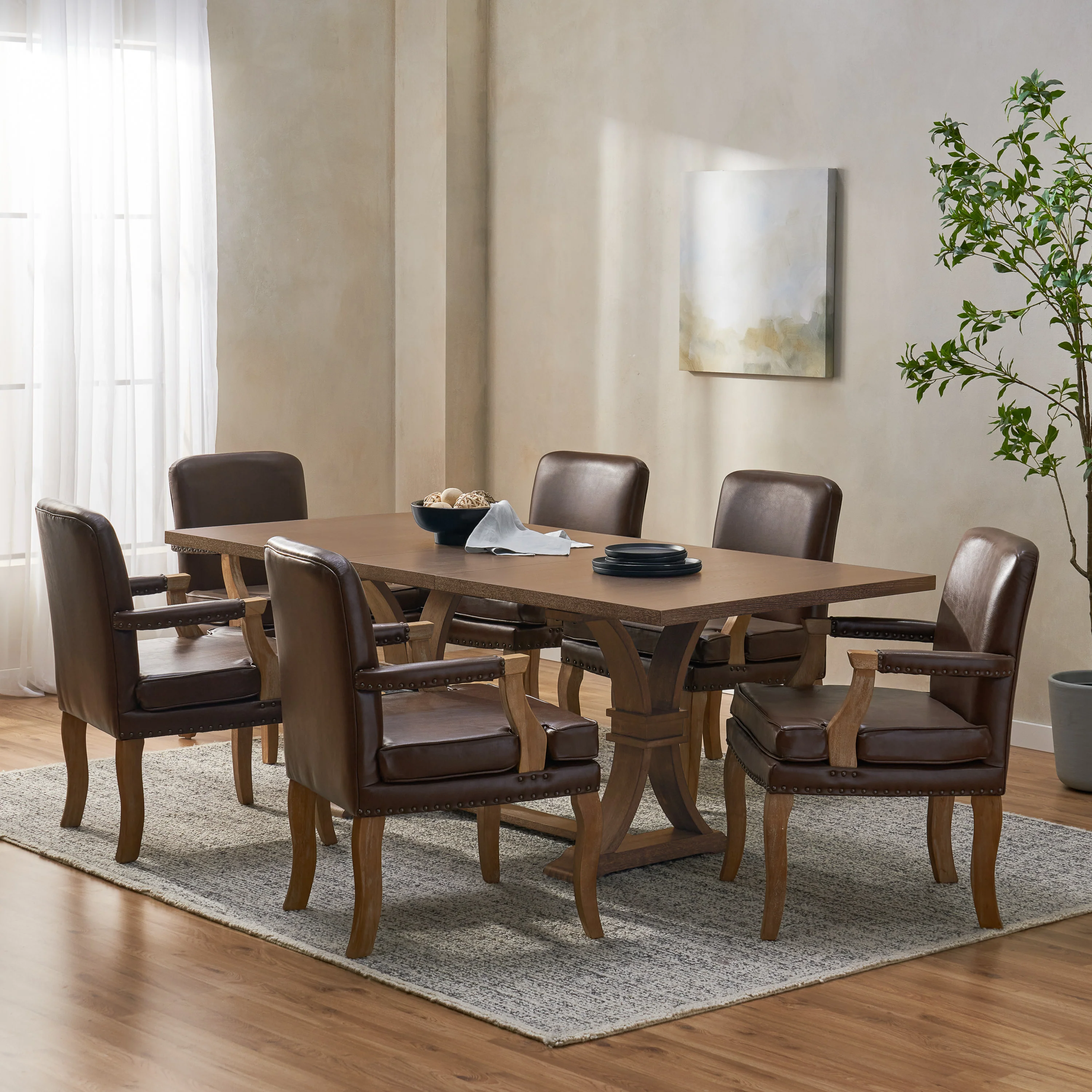 Combes French Country Fabric Upholstered Wood and Cane 7 Piece Expandable Dining Set - furnishings