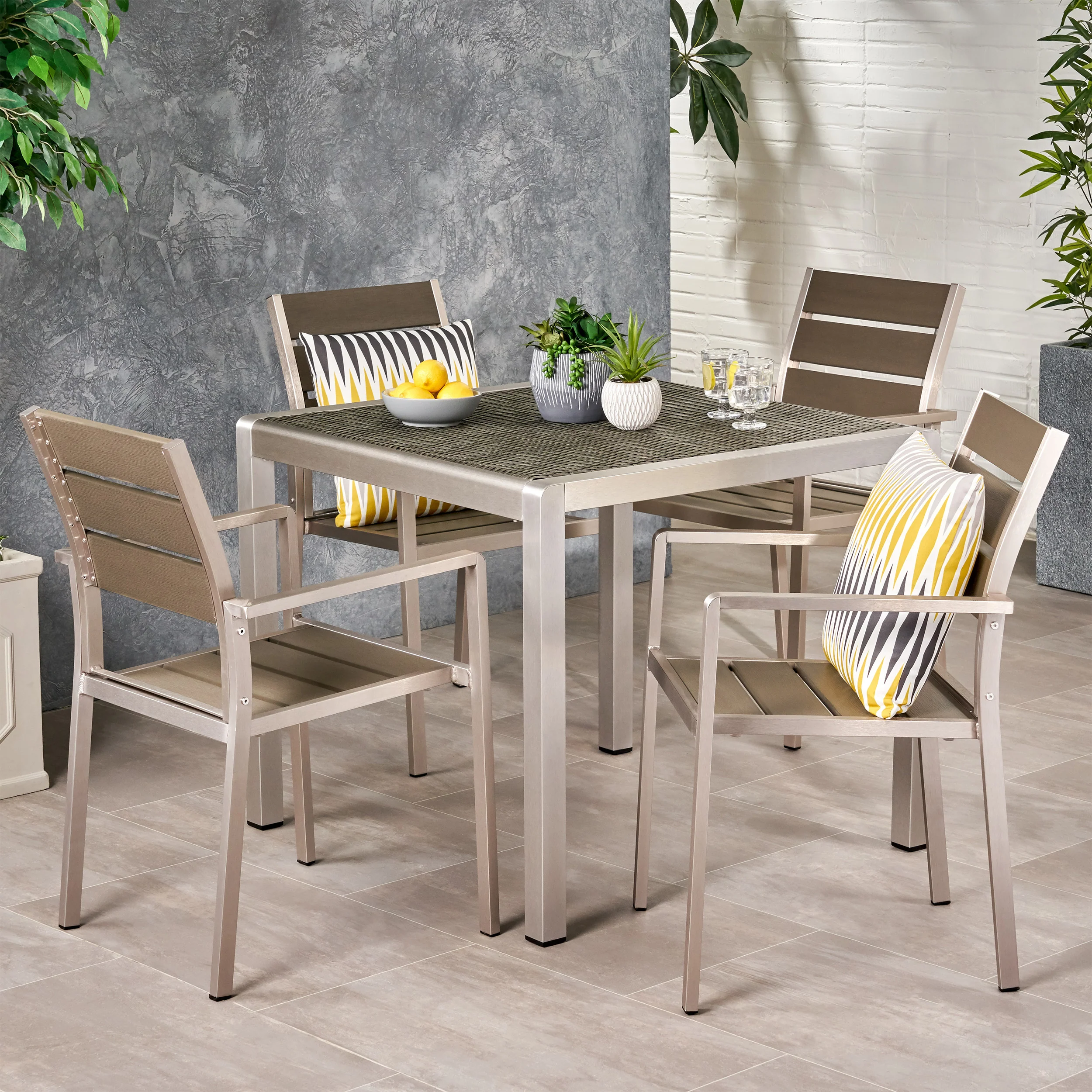 Cherie Outdoor Modern Aluminum 4 Seater Dining Set with Faux Wood Seats and Wicker Table Top - furnishings