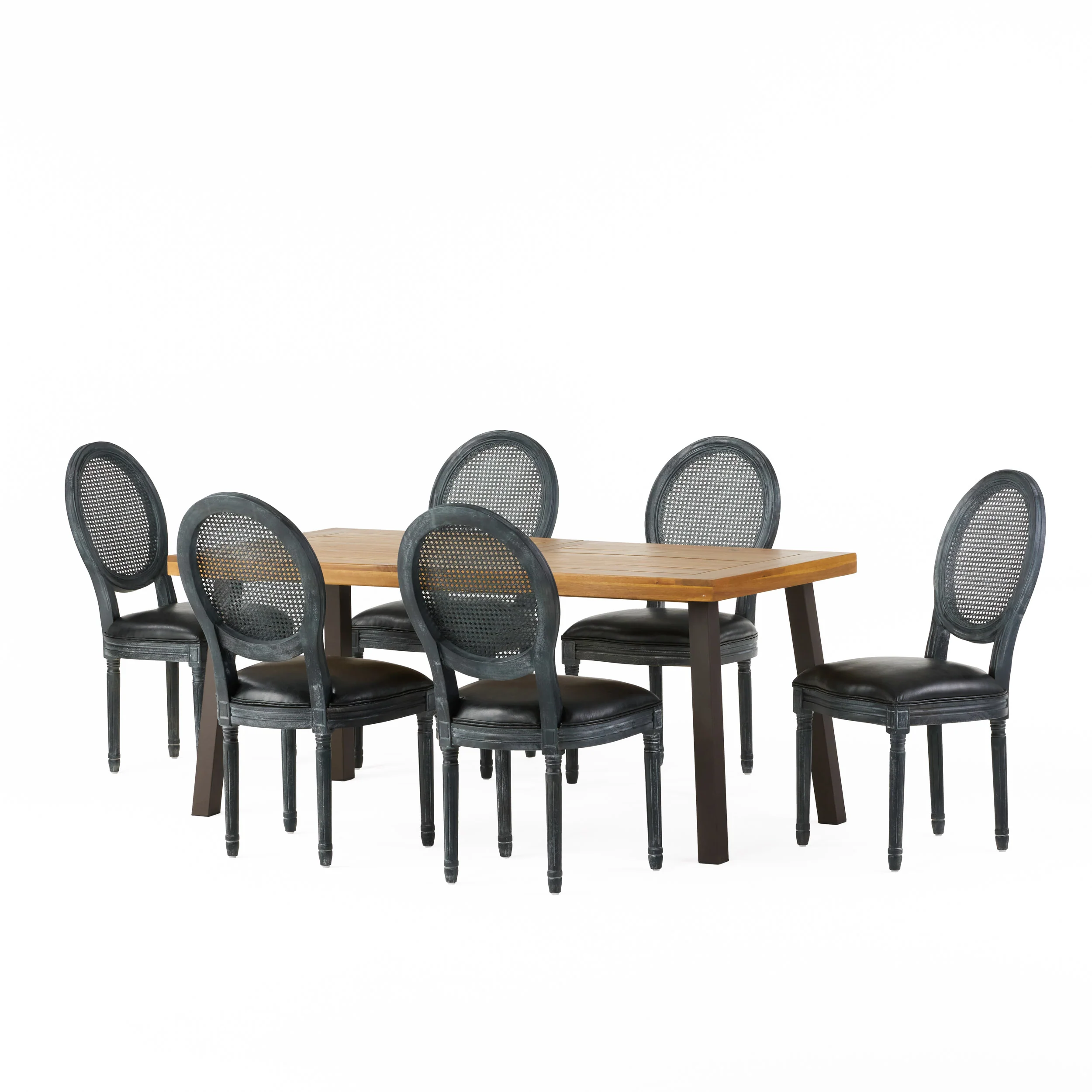 Warbler Farmhouse Faux Leather Upholstered Wood and Rattan 7 Piece Dining Set, Natural, Midnight Black, and Gray - furnishings