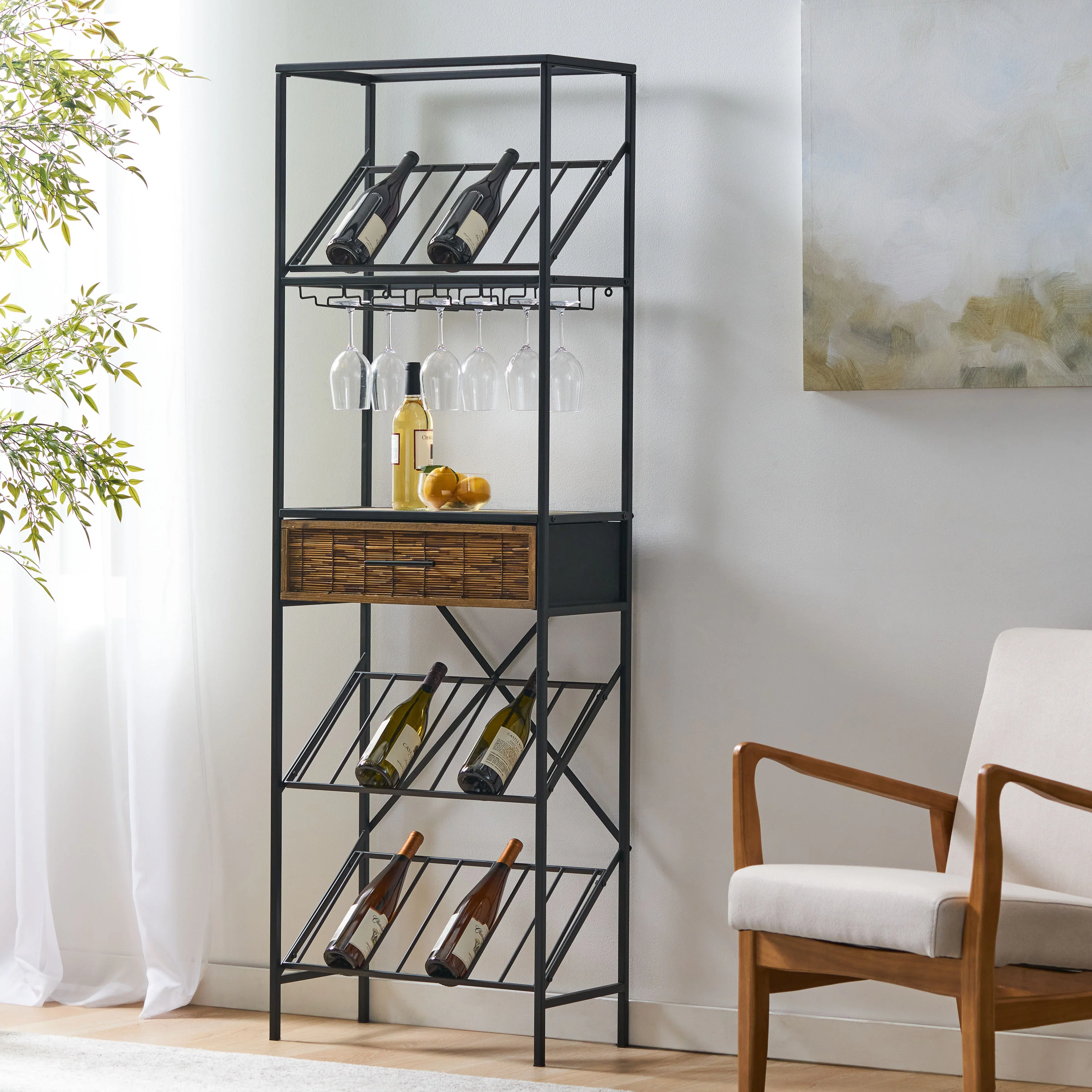 Broadwater Boho Industrial 21 Bottle Floor Wine Rack with Storage, Natural and Black - furnishings